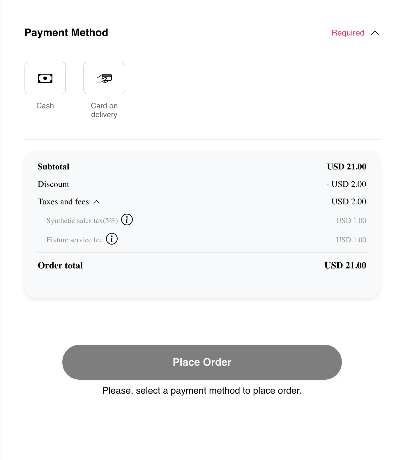 Desktop Website checkout showing payment choices, taxes and fees, order total, and disabled Place Order action