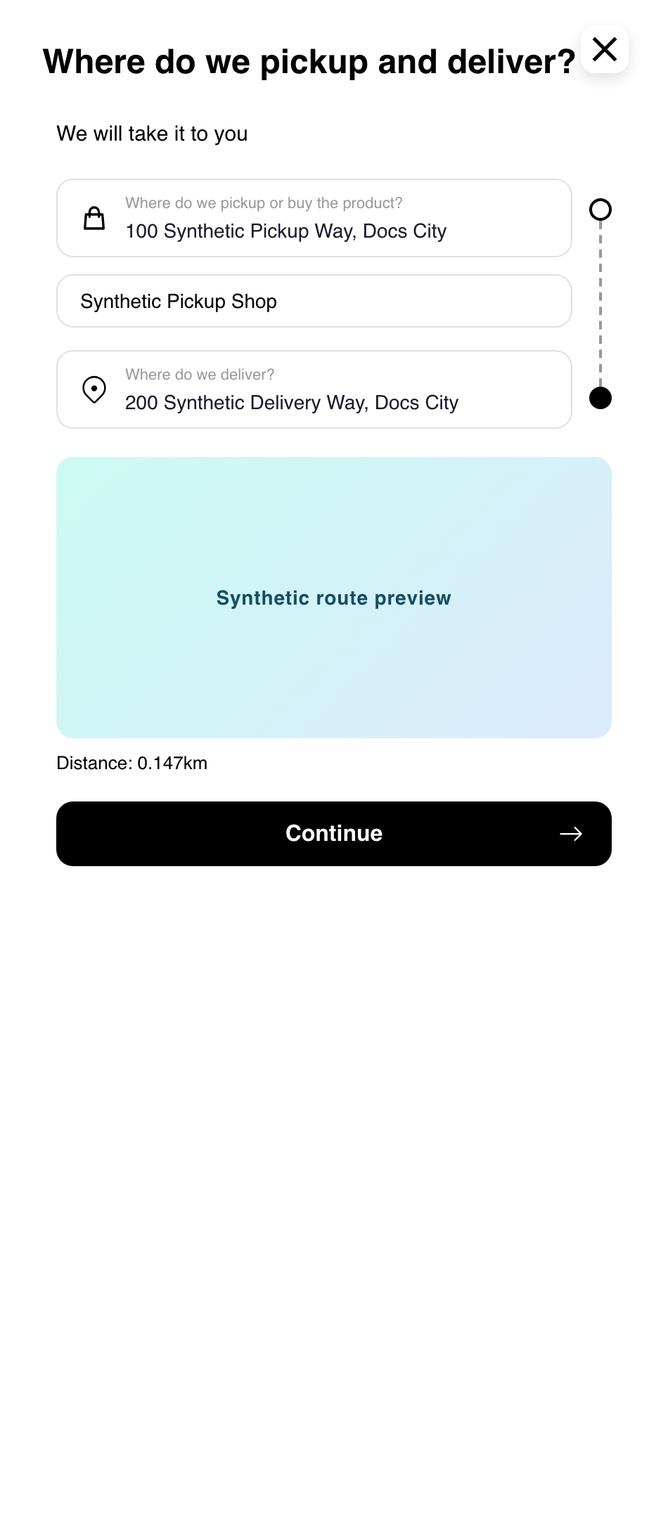 Mobile Custom order Step 1 with synthetic pickup and saved delivery locations