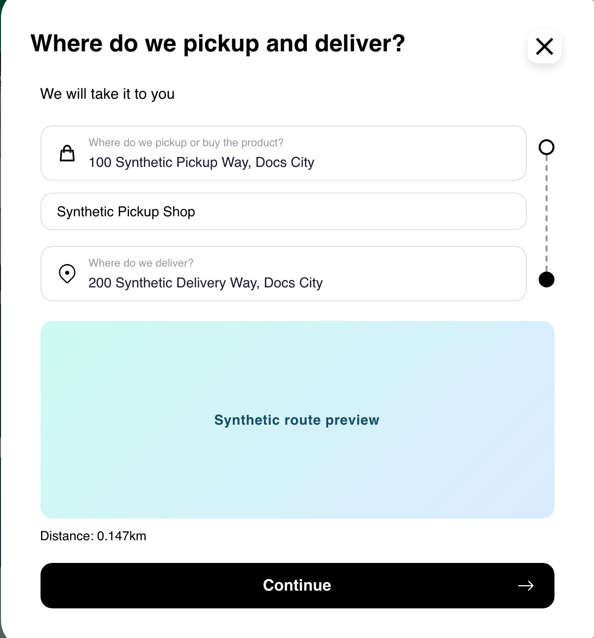 Desktop Custom order Step 1 with synthetic pickup and delivery locations ready to continue