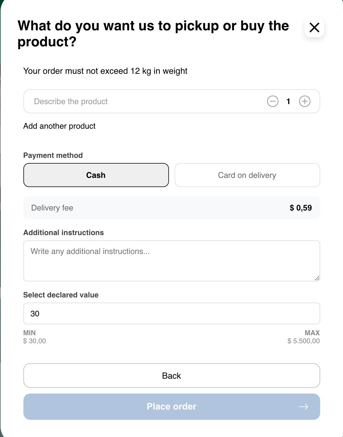 Desktop Custom order Step 2 with a blank product, Cash selected, and declared value before placement