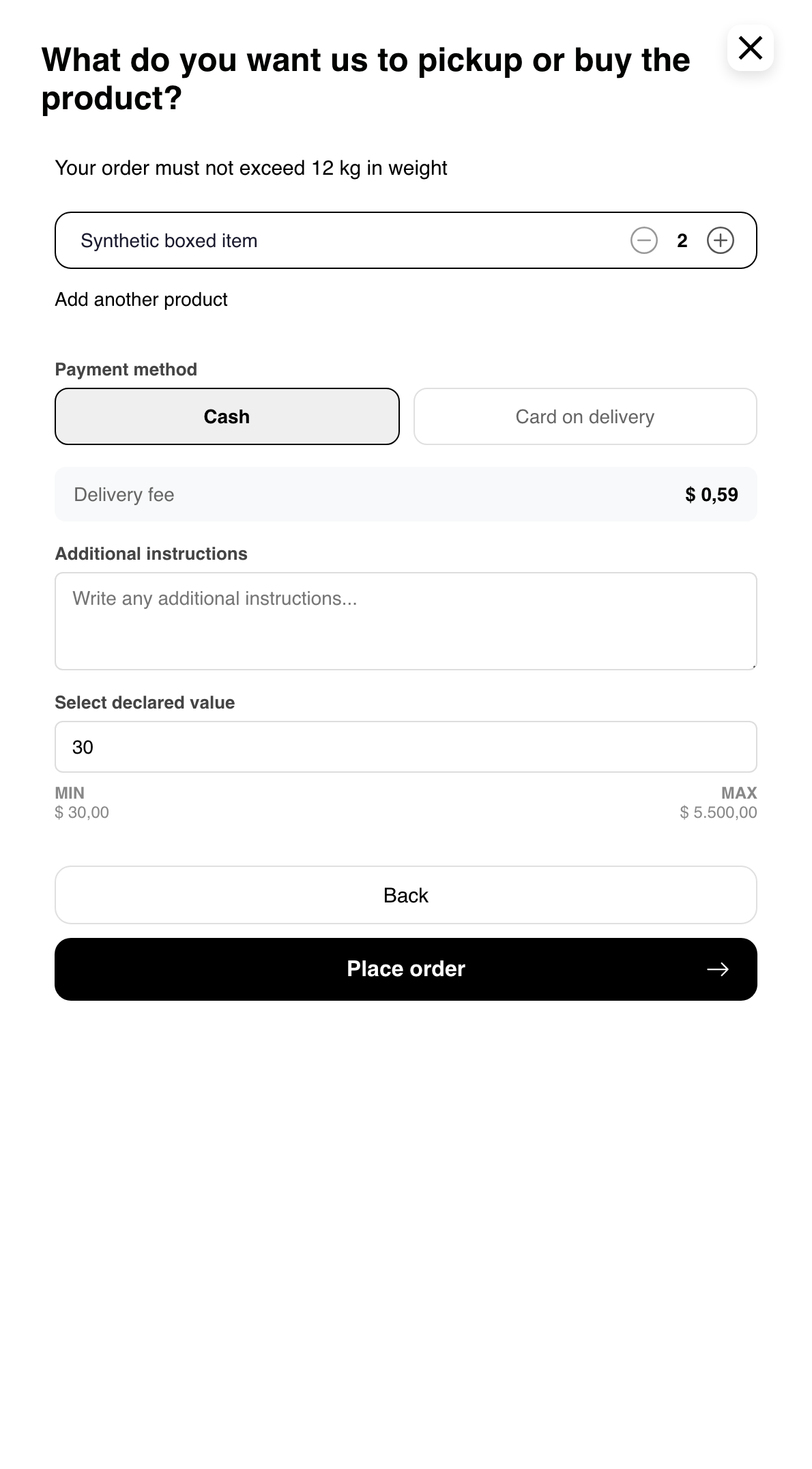 Mobile Custom order Step 2 with a synthetic item and payment choices before placement