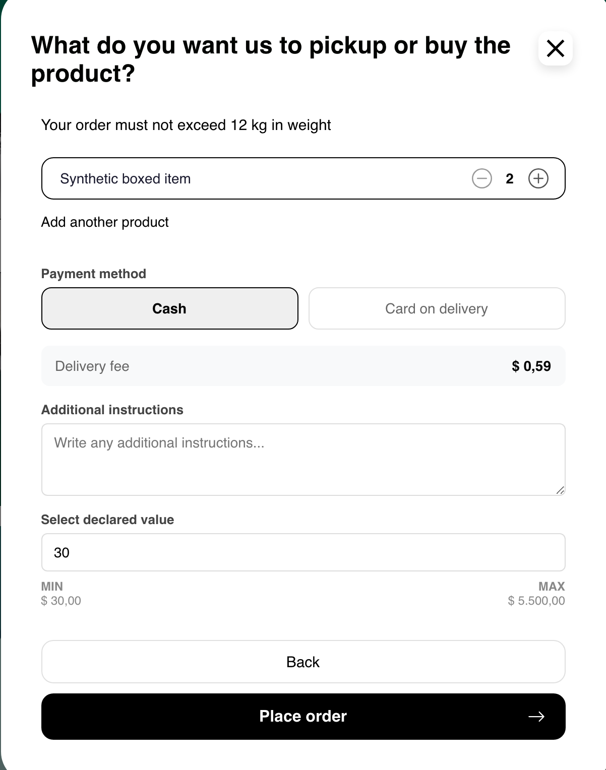 Desktop Custom order Step 2 with one synthetic item and an enabled Place order action before submission