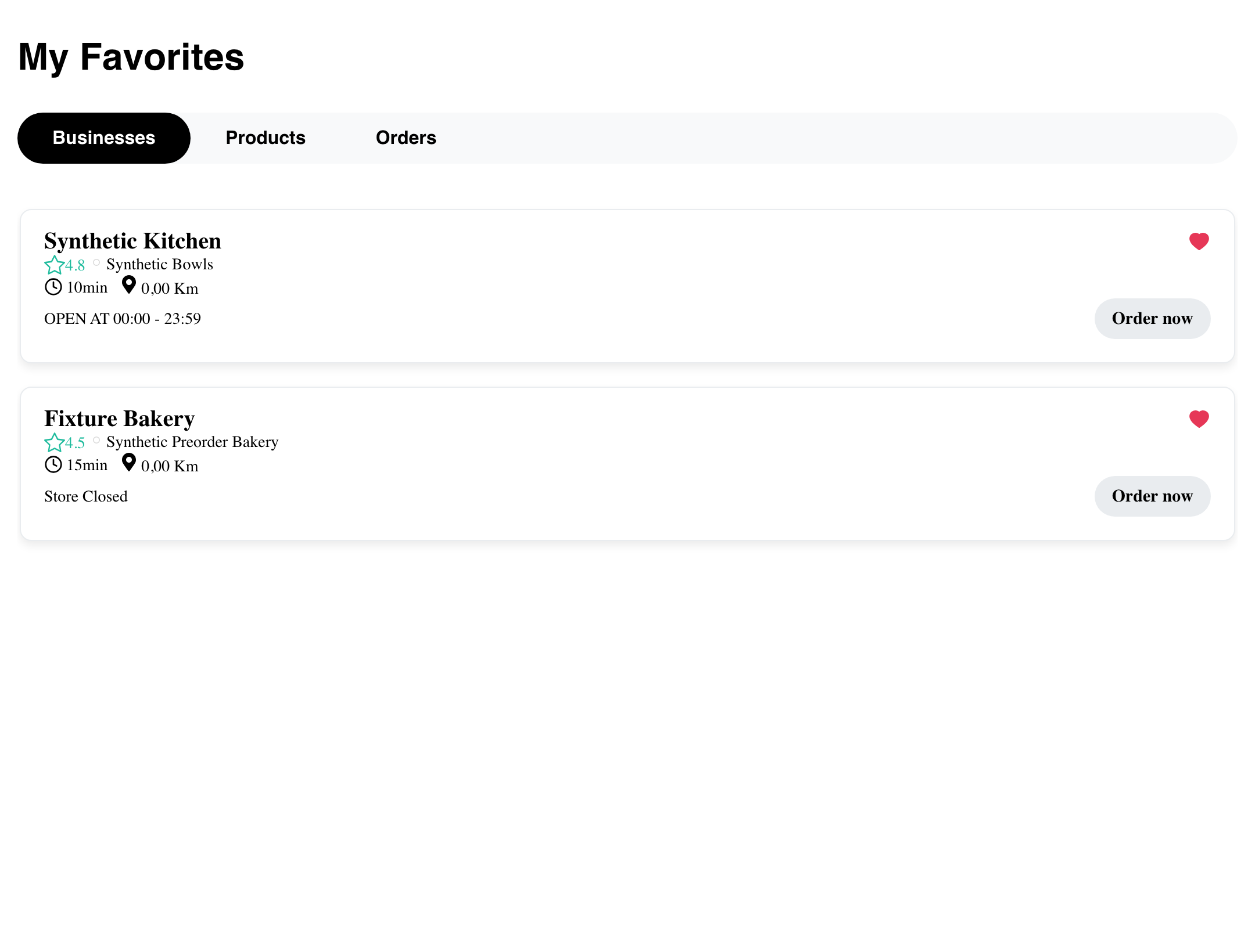 Desktop Website My Favorites page showing one open and one closed synthetic saved business
