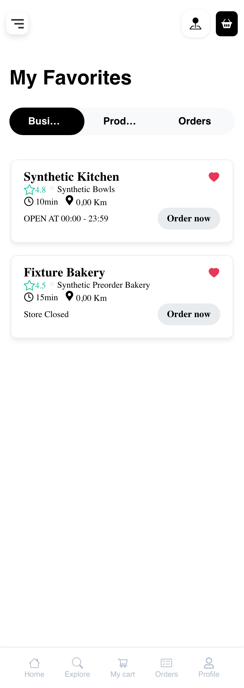 Mobile Website My Favorites page showing responsive tabs and synthetic saved businesses
