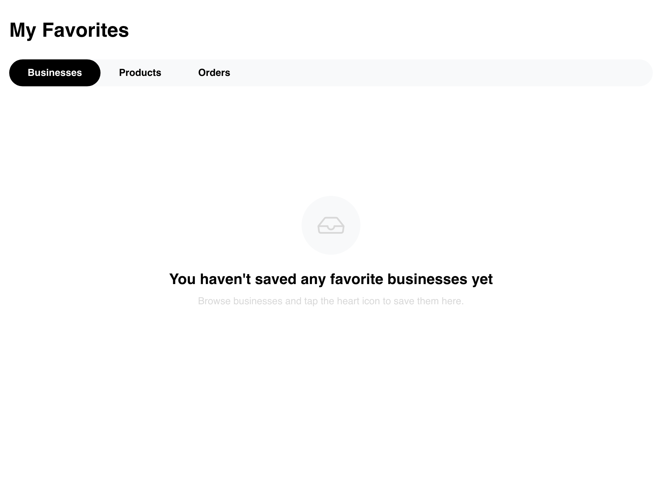 Desktop Website Businesses favorites tab showing the successful empty state