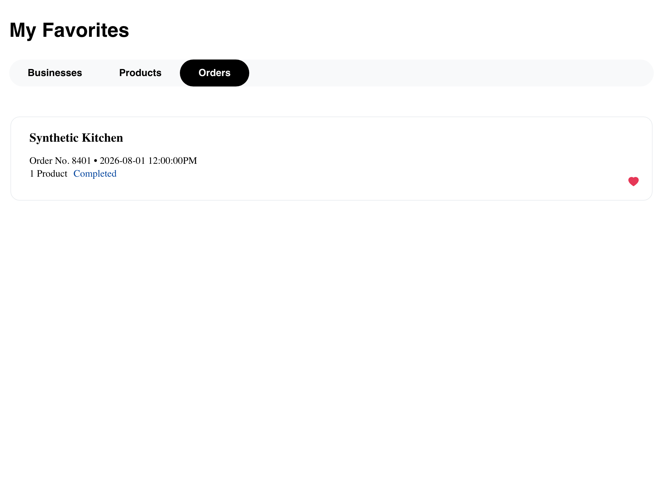 Desktop Website Orders favorites tab showing a minimal synthetic saved order