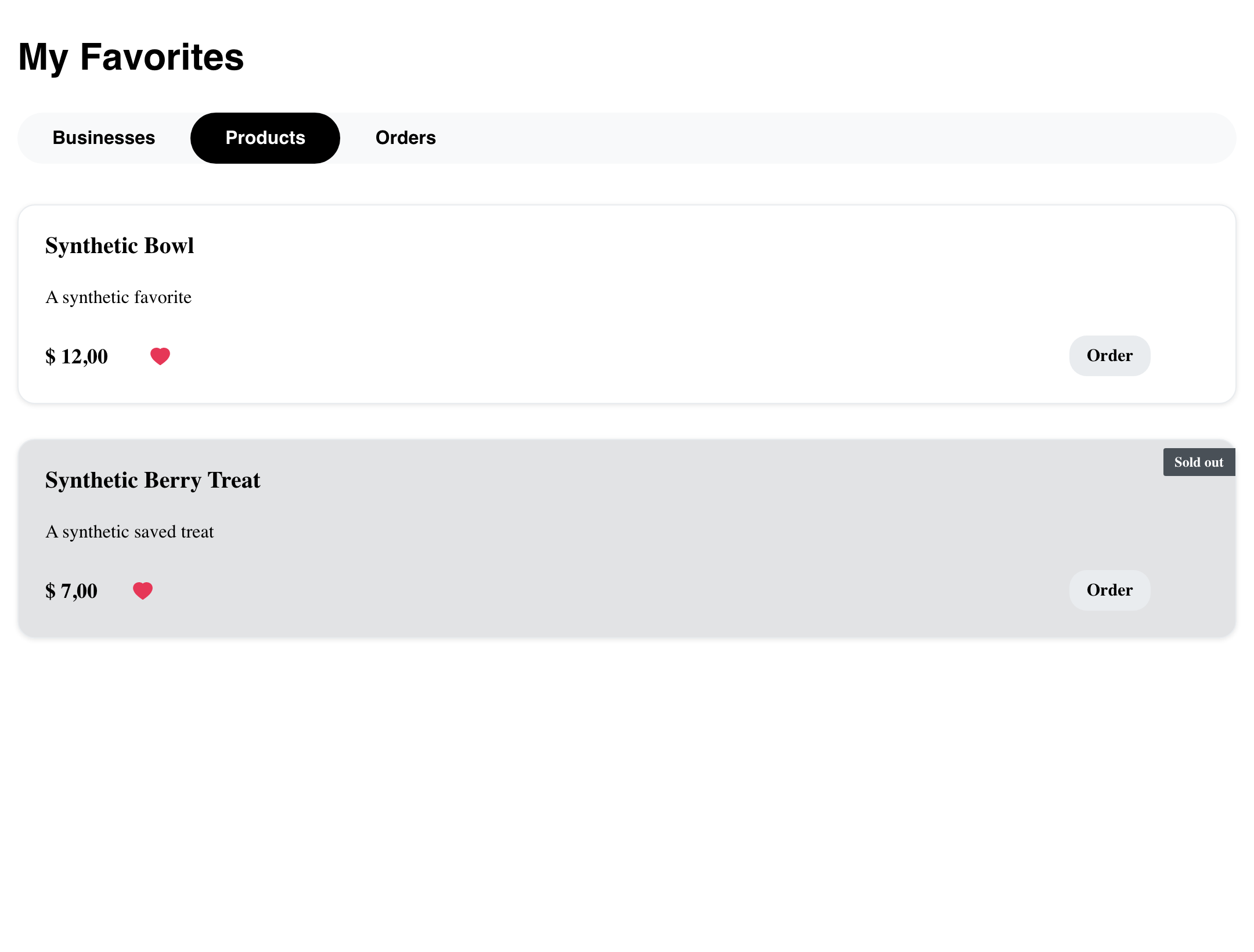 Desktop Website Products favorites tab showing two representative synthetic saved products