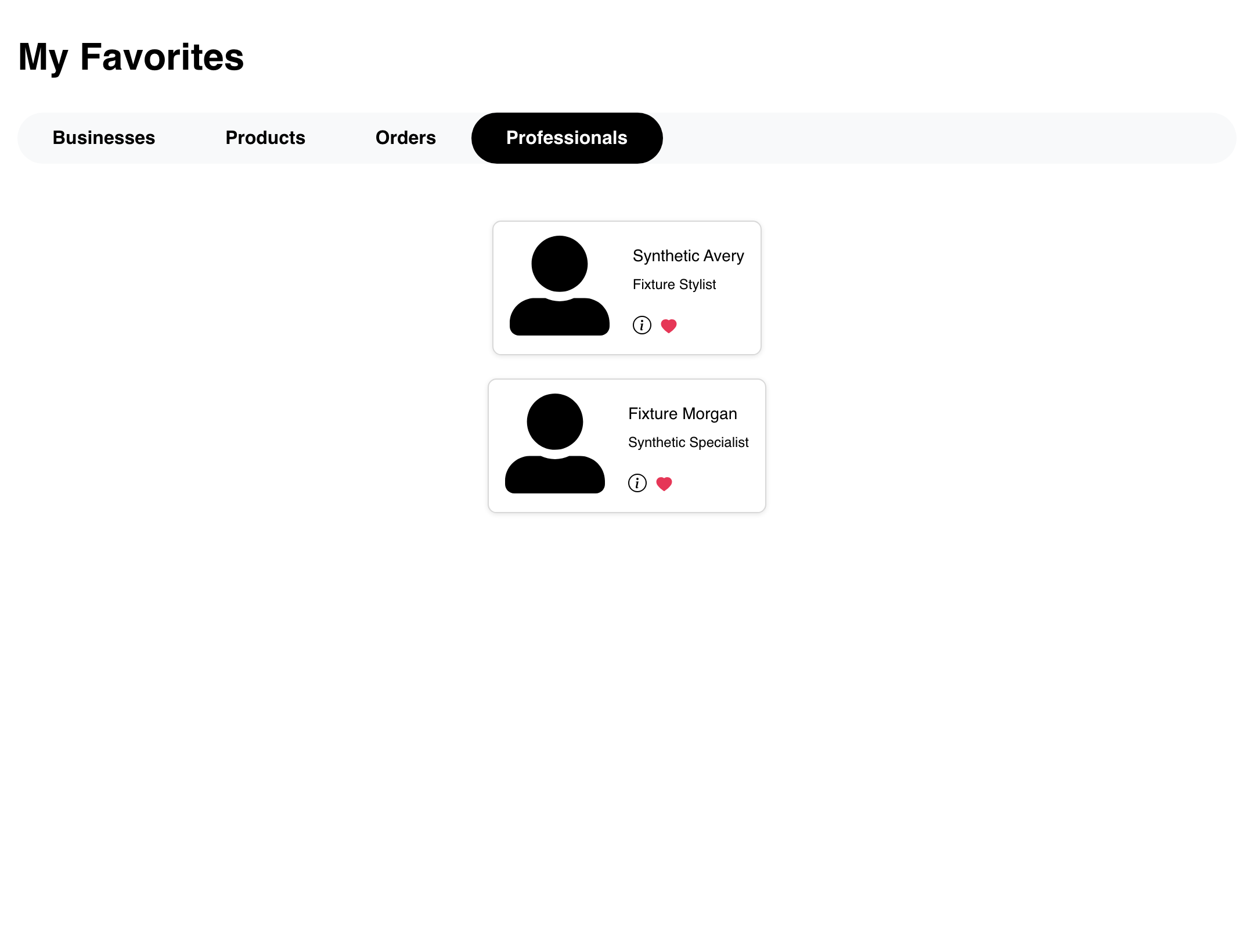 Desktop Website Professionals favorites tab showing two synthetic professionals in the appointments layout