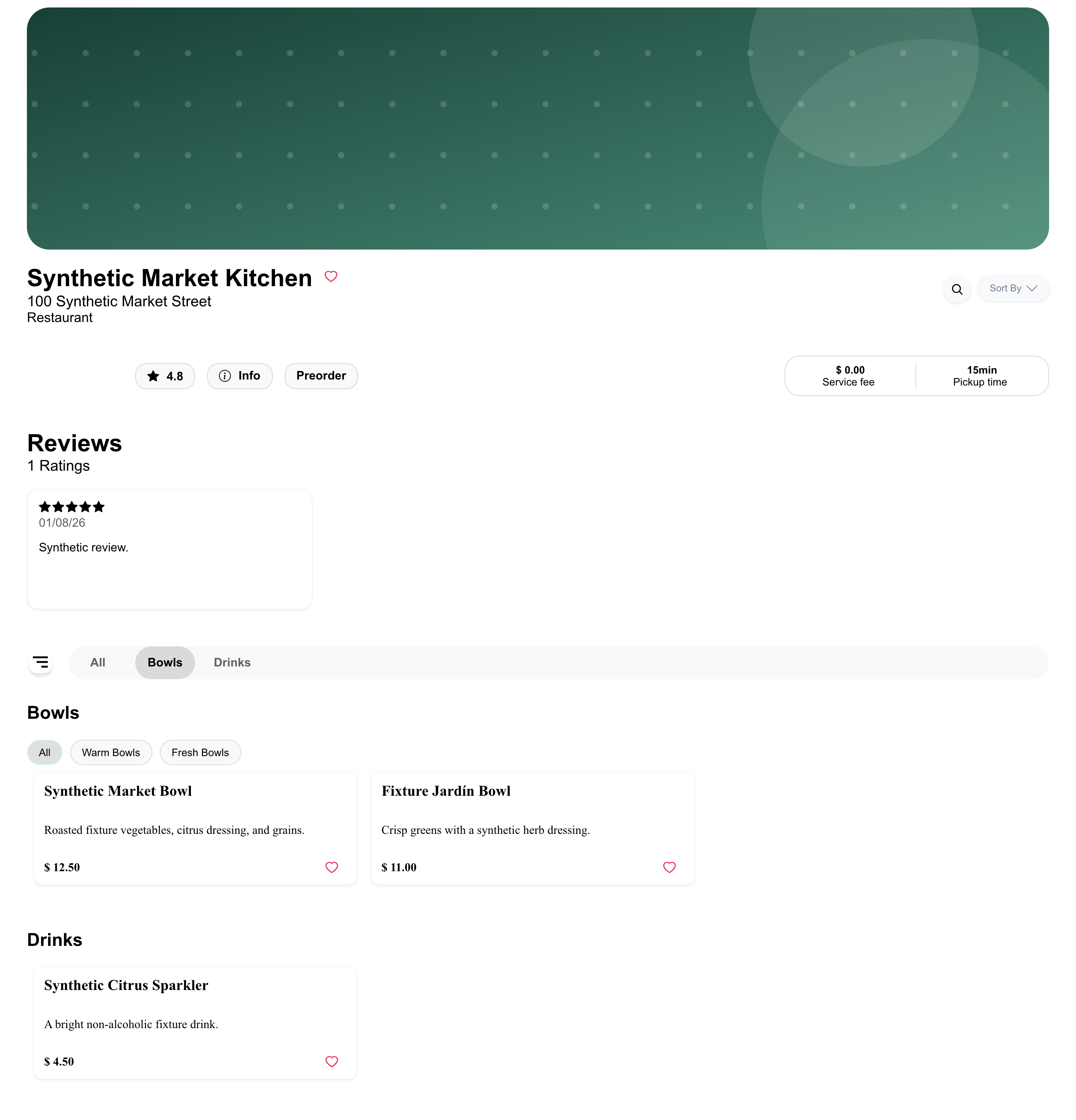 Desktop business menu with category navigation and products grouped under Bowls and Drinks