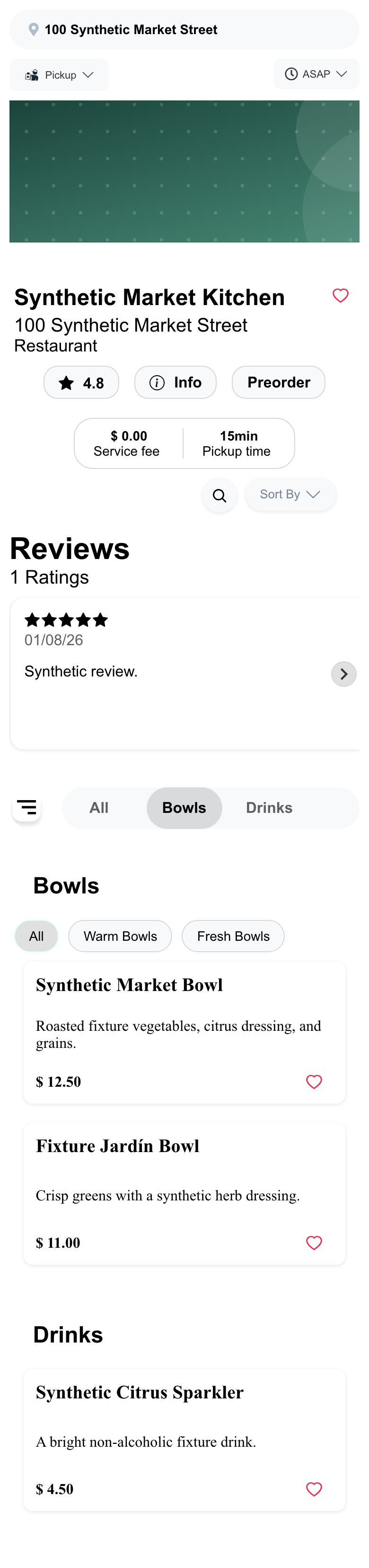 Mobile business menu with scrollable category navigation and grouped products