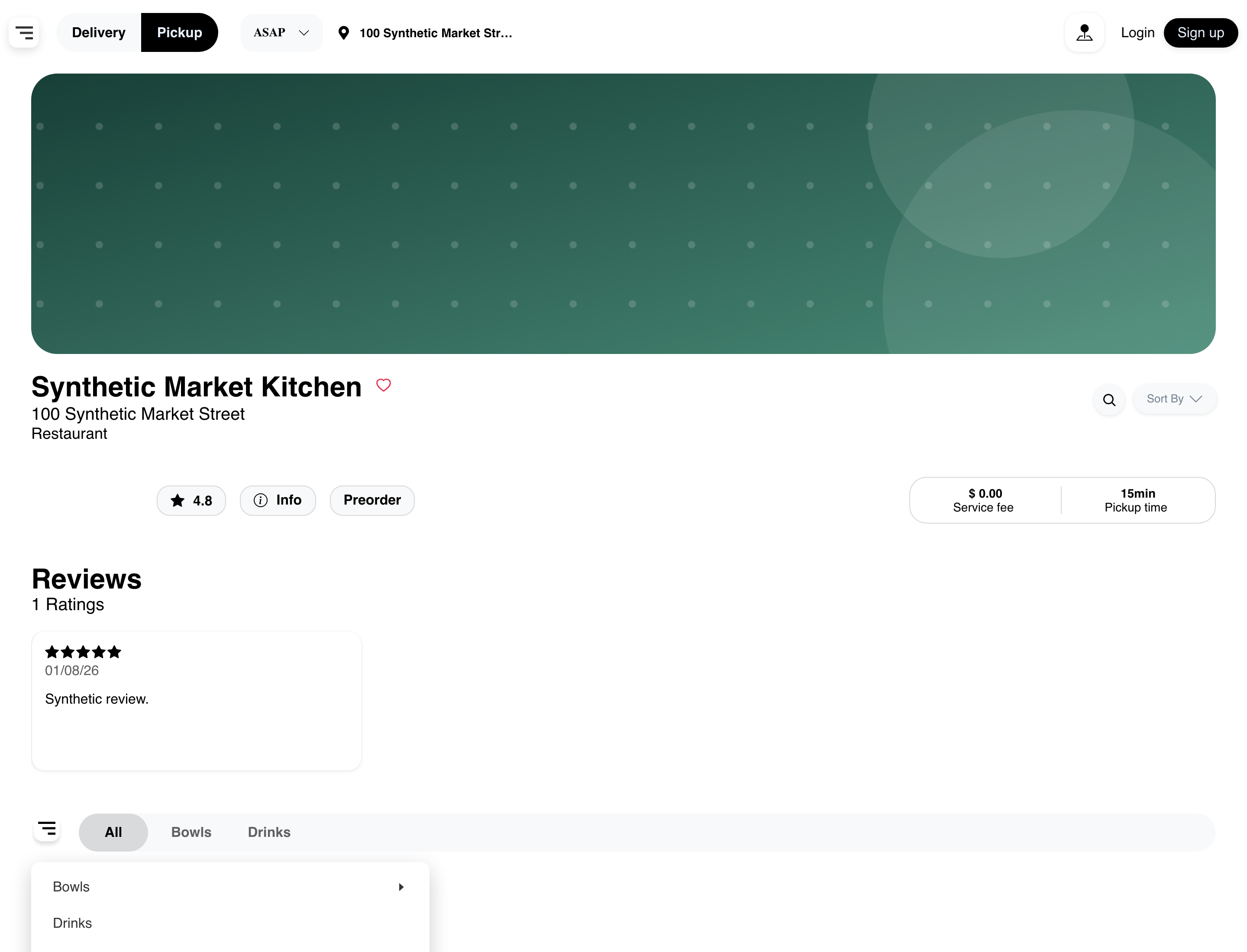 Desktop category popover with Bowls and Drinks navigation choices