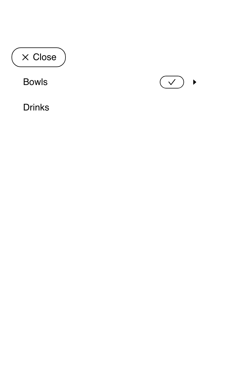 Mobile category slide-bar with a close action and menu category choices