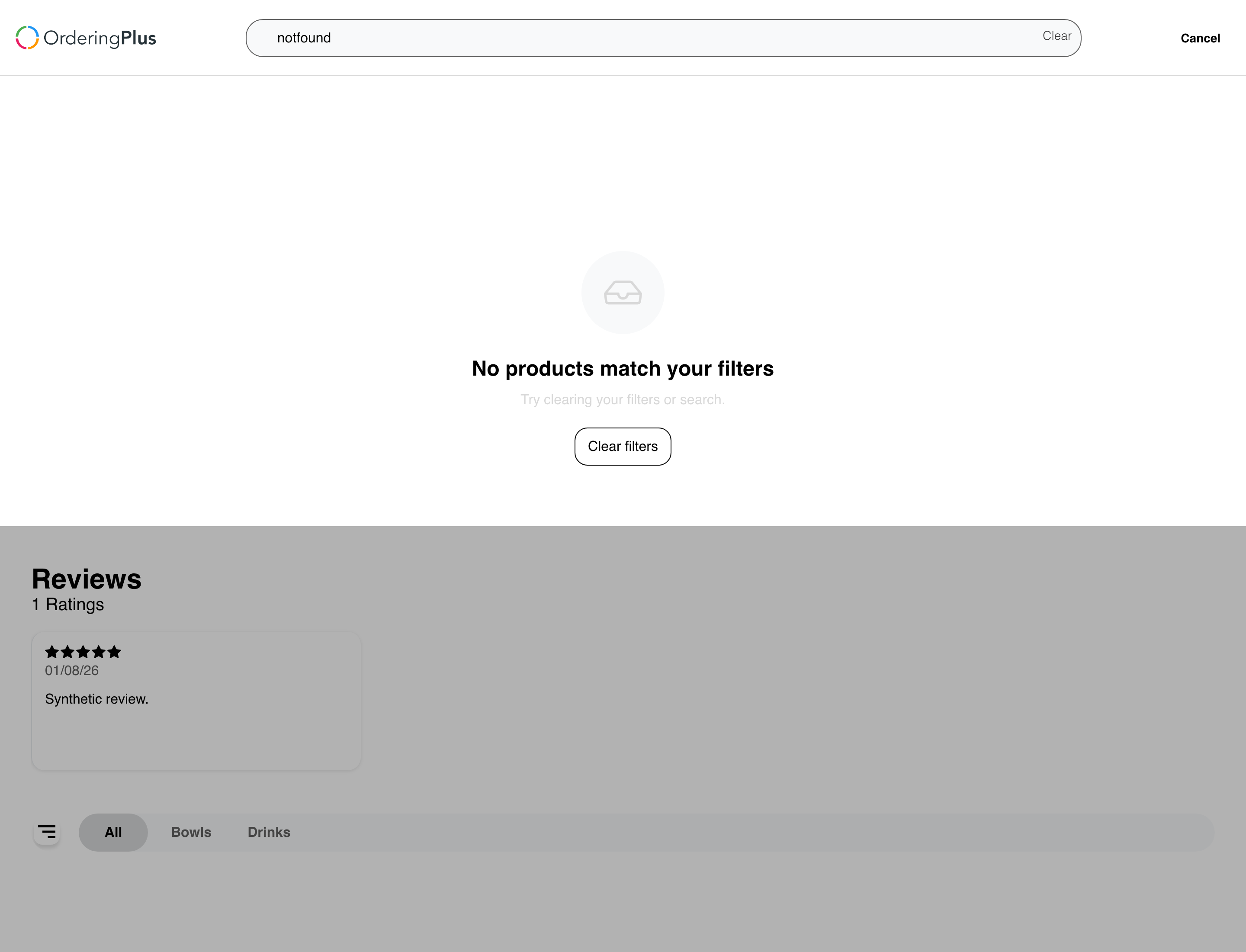 Product search with no matching menu items and a Clear filters action