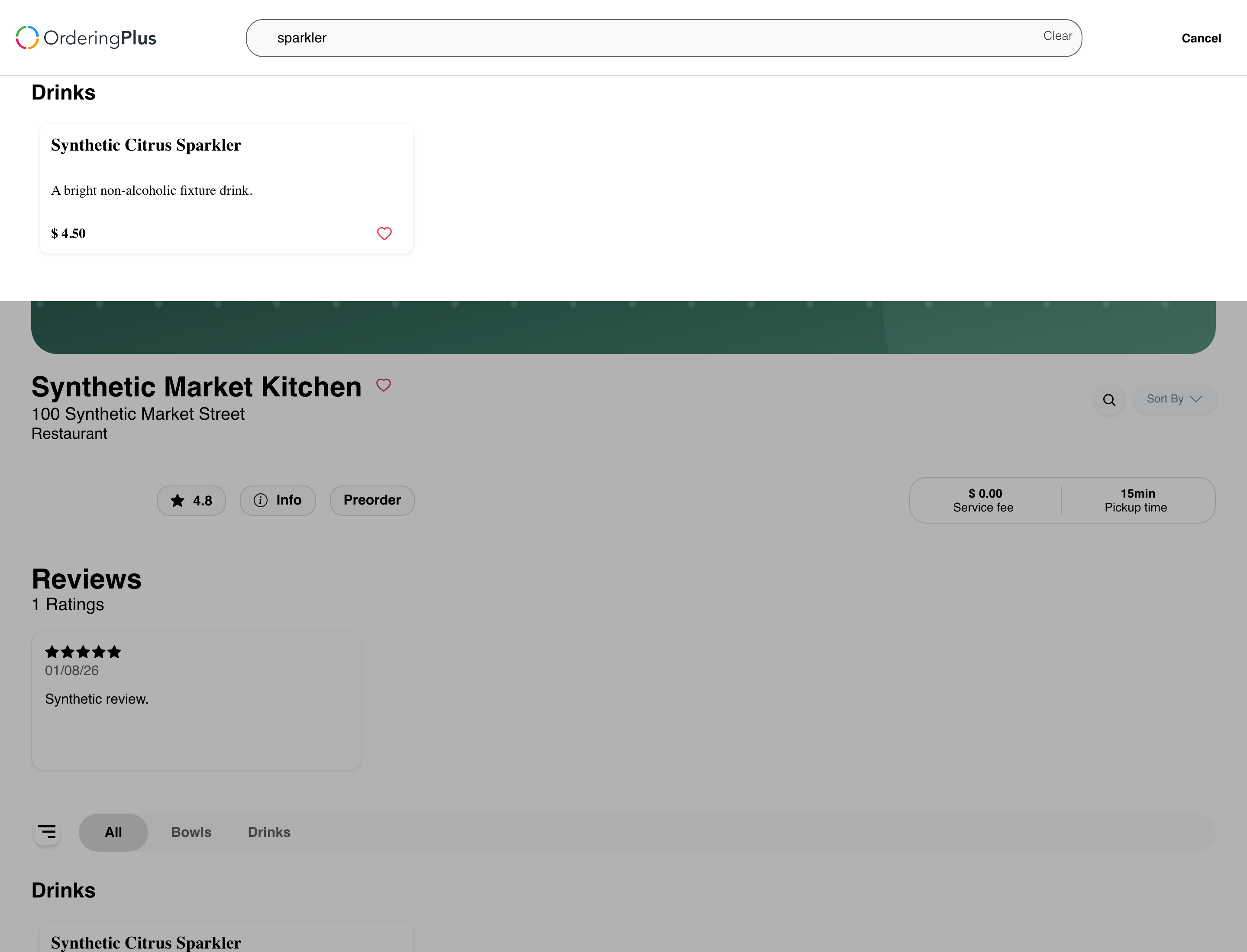 Desktop product search showing menu items that match a search term