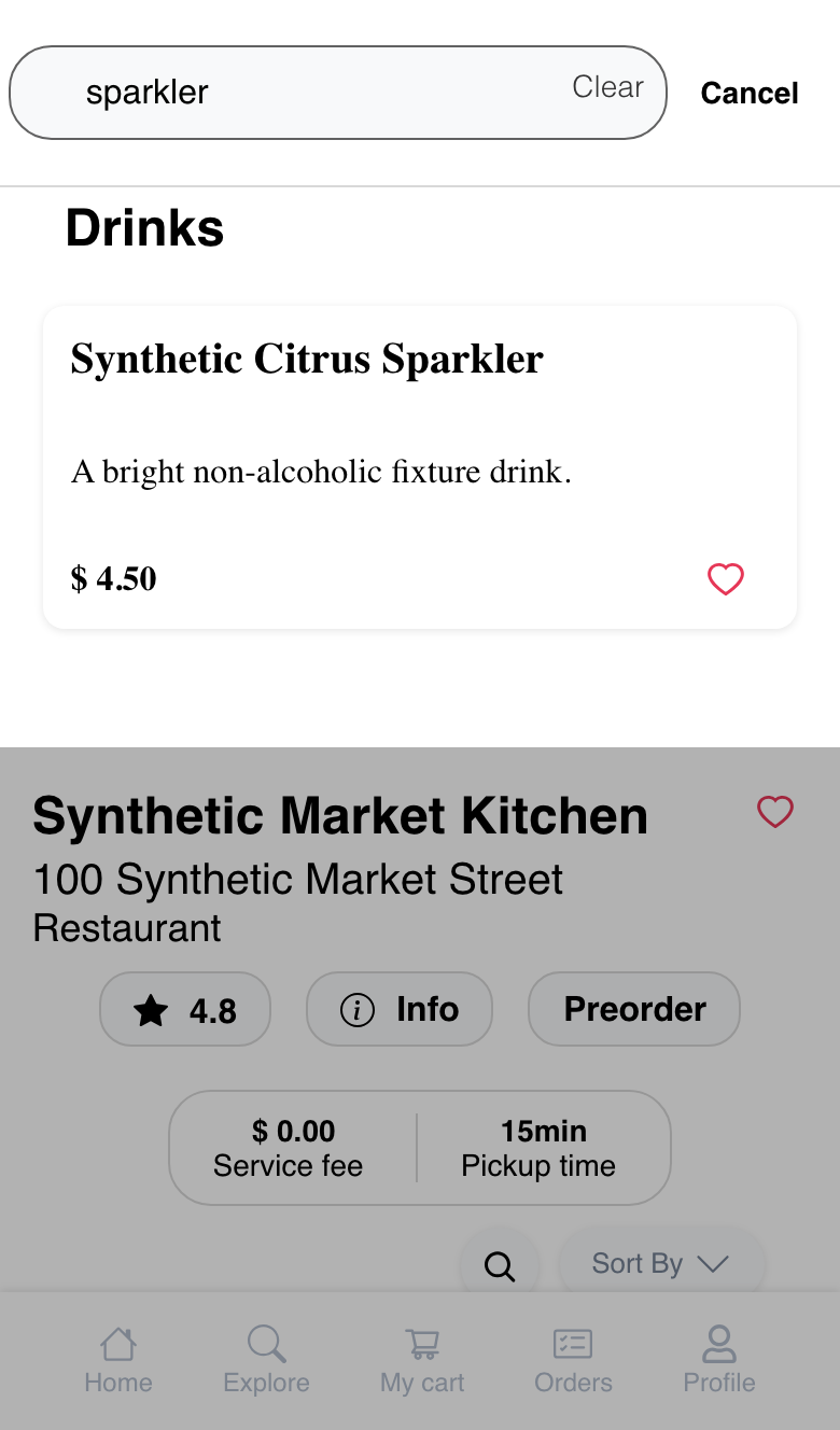 Mobile product search showing matching menu items in a focused overlay