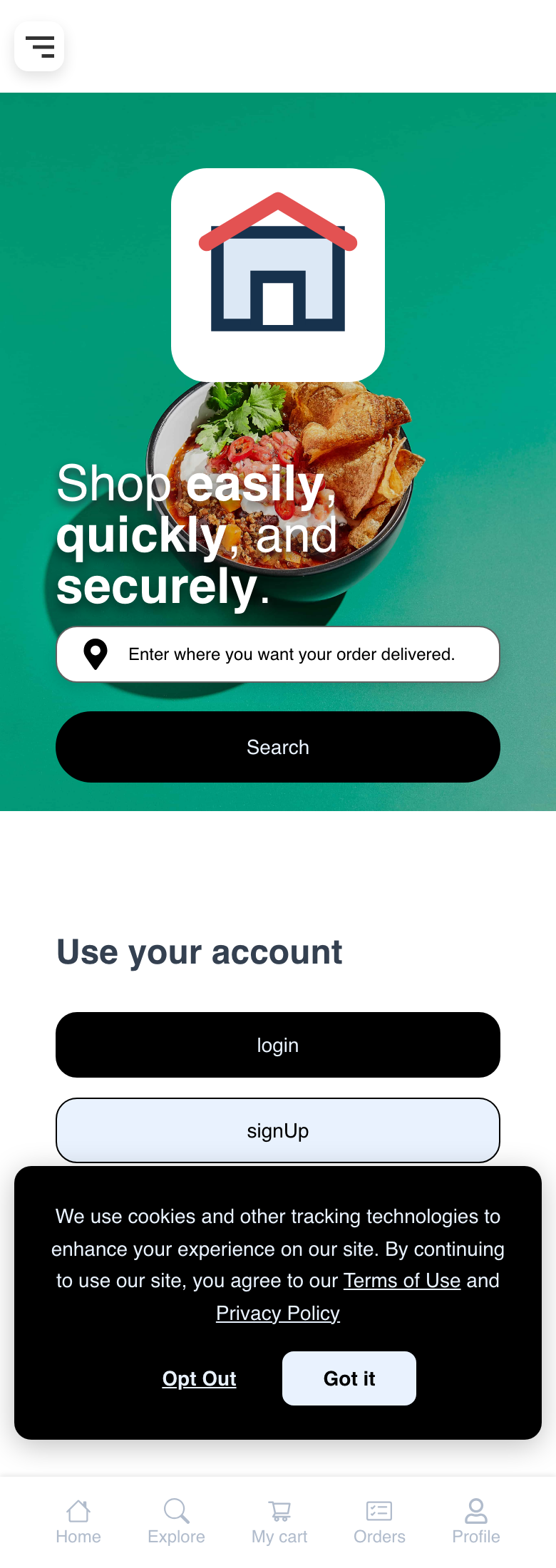 Mobile Website with a responsive passive cookie-consent dialog above the page content