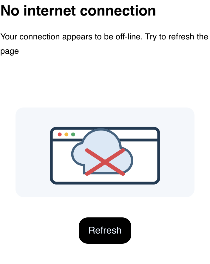 Mobile Website offline notice showing responsive connection guidance, synthetic illustration, and Refresh