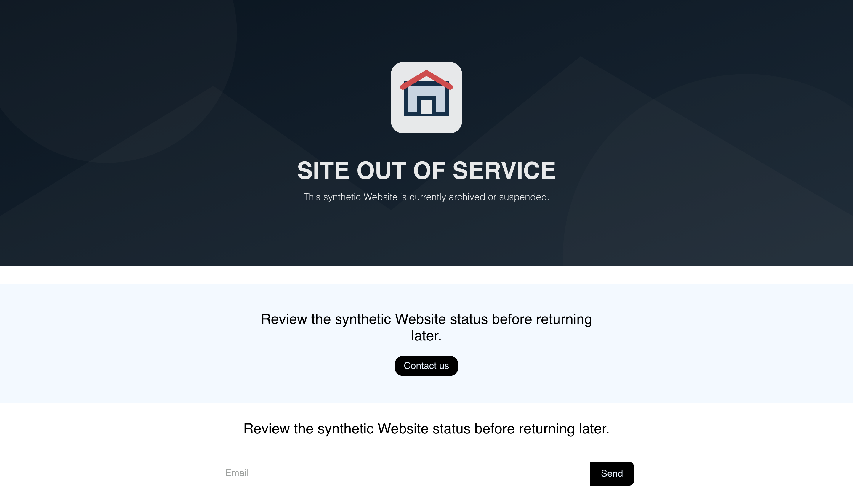 Desktop Website SITE OUT OF SERVICE replacement showing synthetic archived-site guidance and untouched controls
