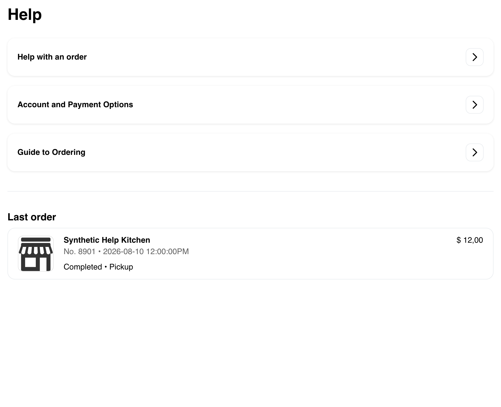 Desktop Website Help overview showing three support topics and one synthetic Last order card