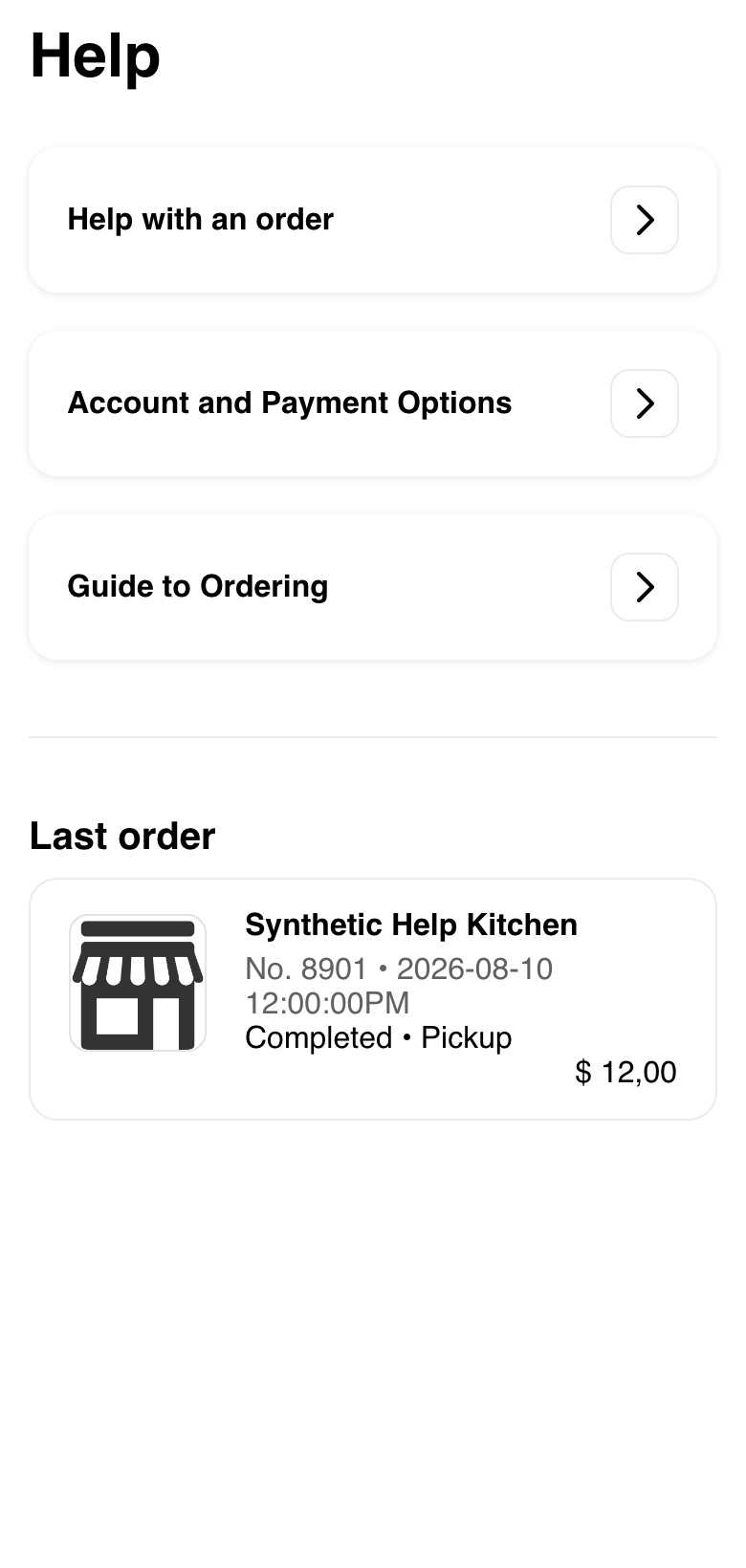 Mobile Website Help overview showing responsive support-topic choices and one synthetic Last order card
