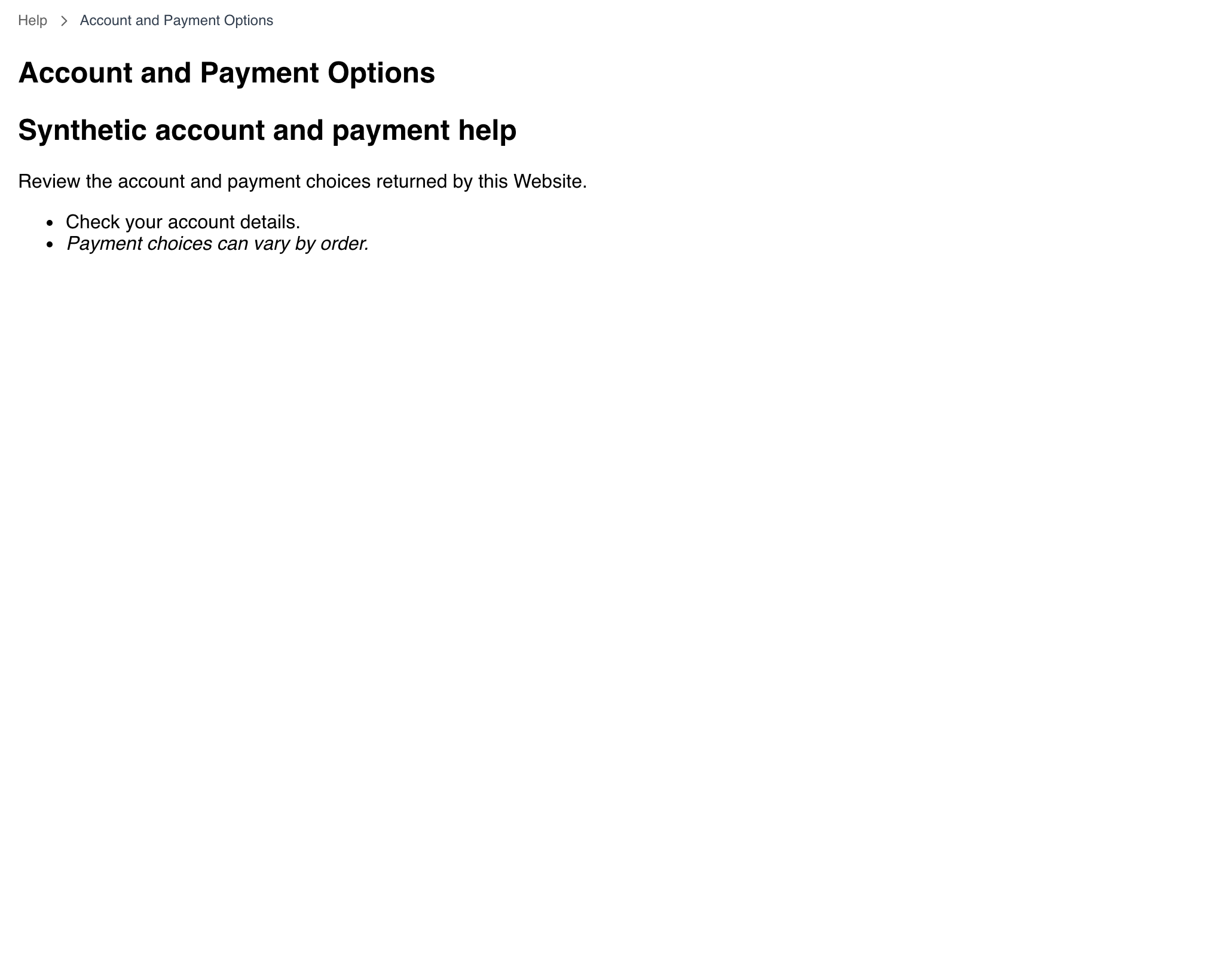 Desktop Website Account and Payment Options topic showing inert synthetic project guidance