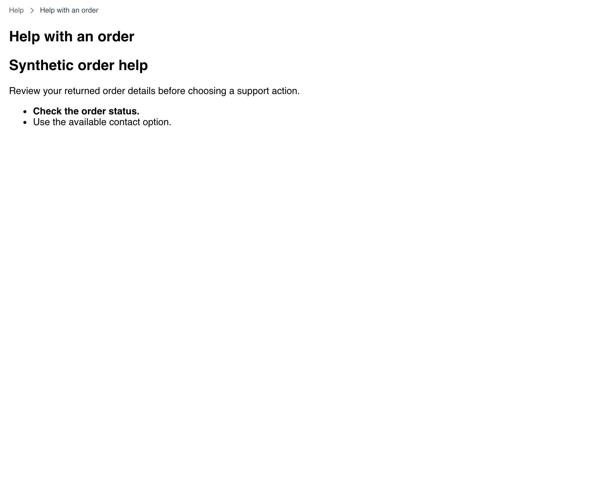 Desktop Website Help with an order topic showing inert synthetic project guidance and breadcrumb