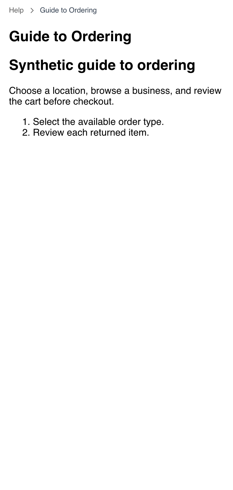 Mobile Website Guide to Ordering topic showing responsive inert synthetic guidance