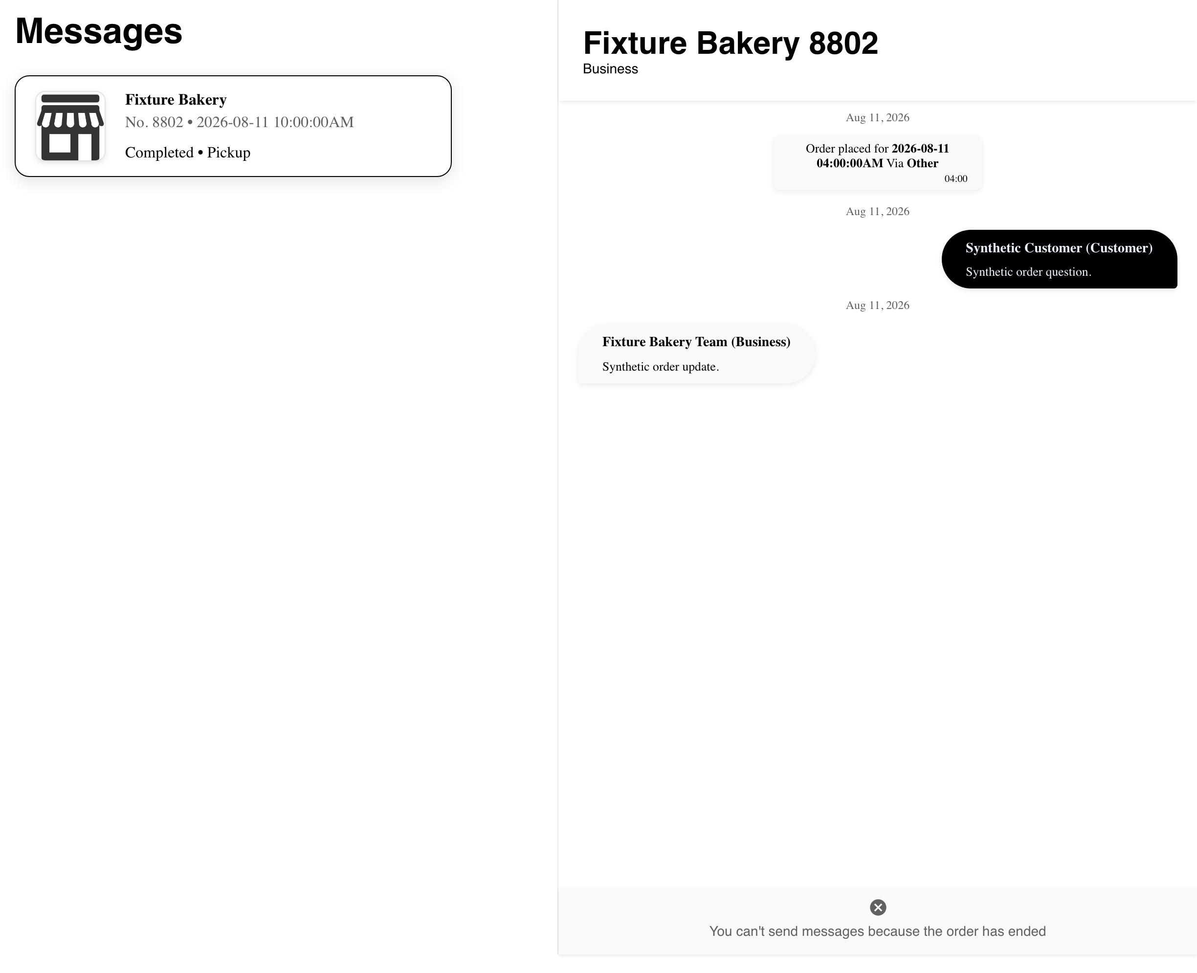 Desktop Website Messages inbox showing a selected finished synthetic order and unavailable composer notice