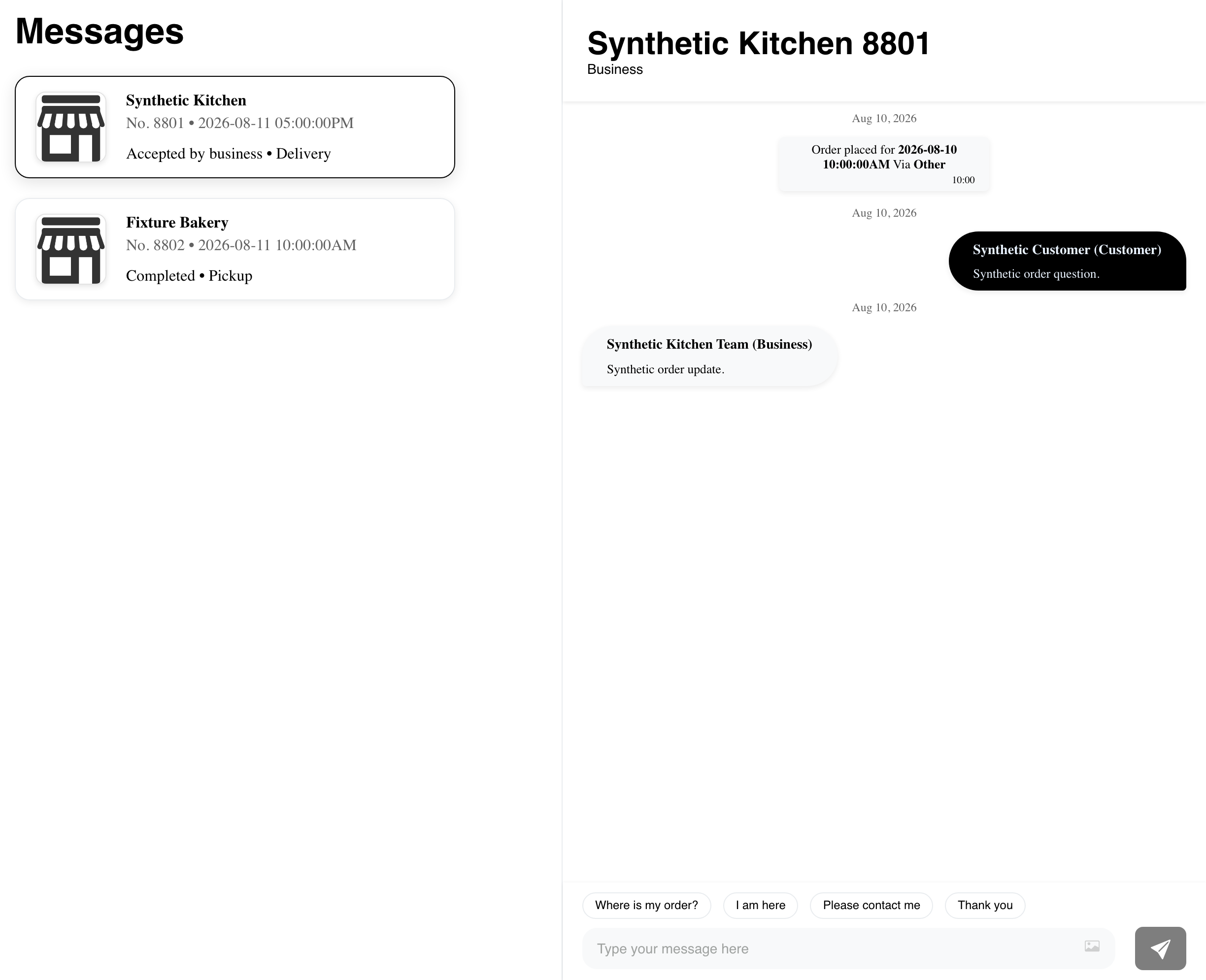 Desktop Website Messages inbox showing two synthetic orders and the selected business conversation