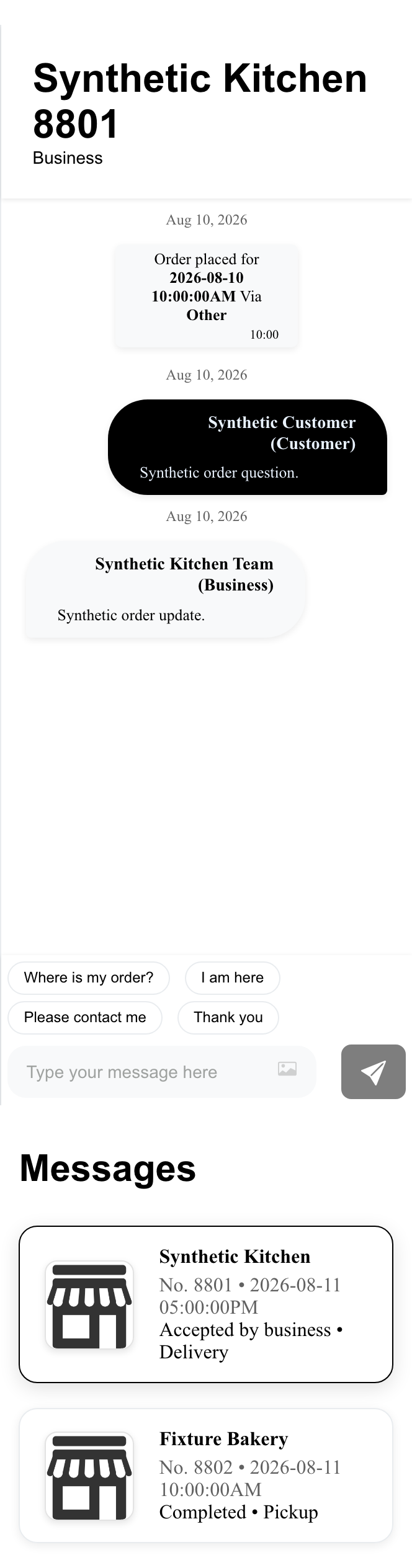 Mobile Website Messages inbox showing a responsive selected synthetic business conversation and order list