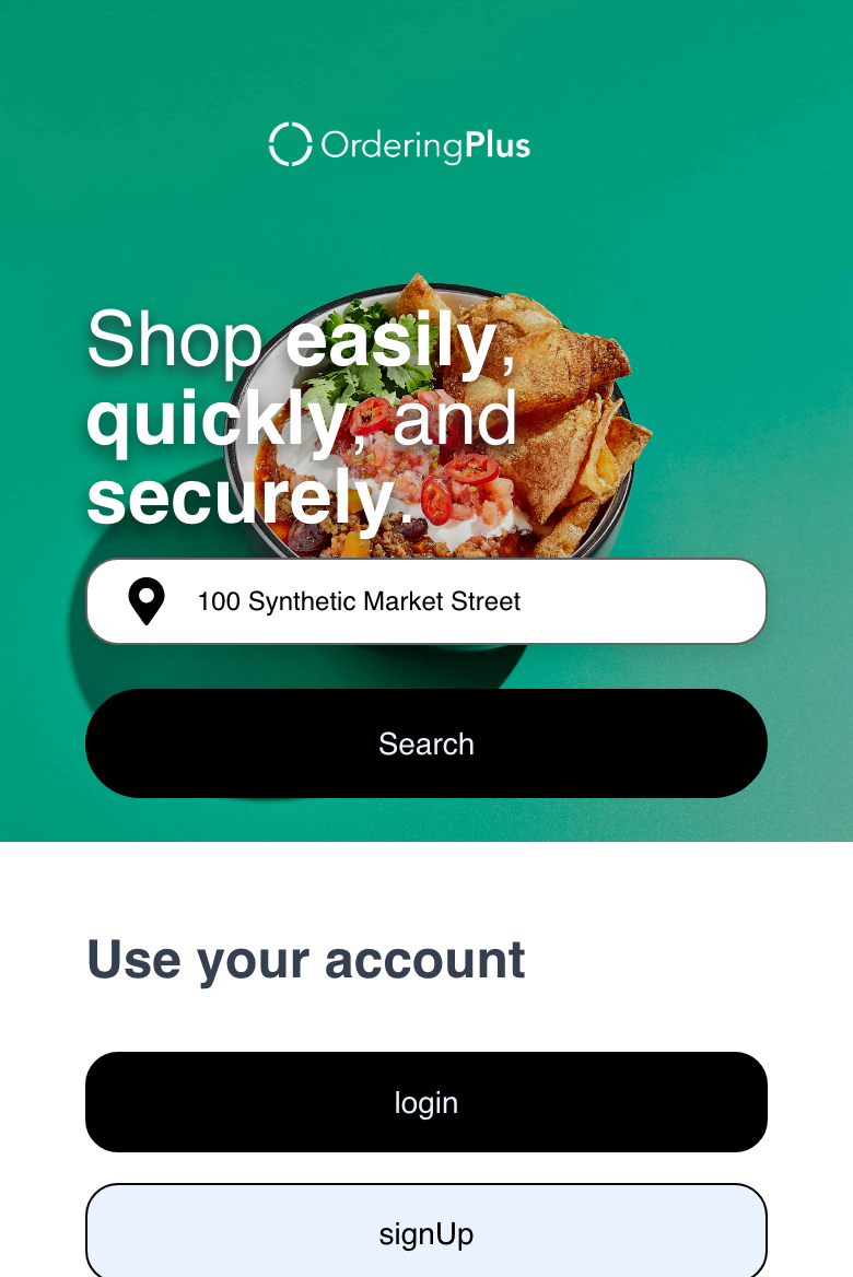 Mobile kiosk-oriented Website home with a synthetic location and search entry