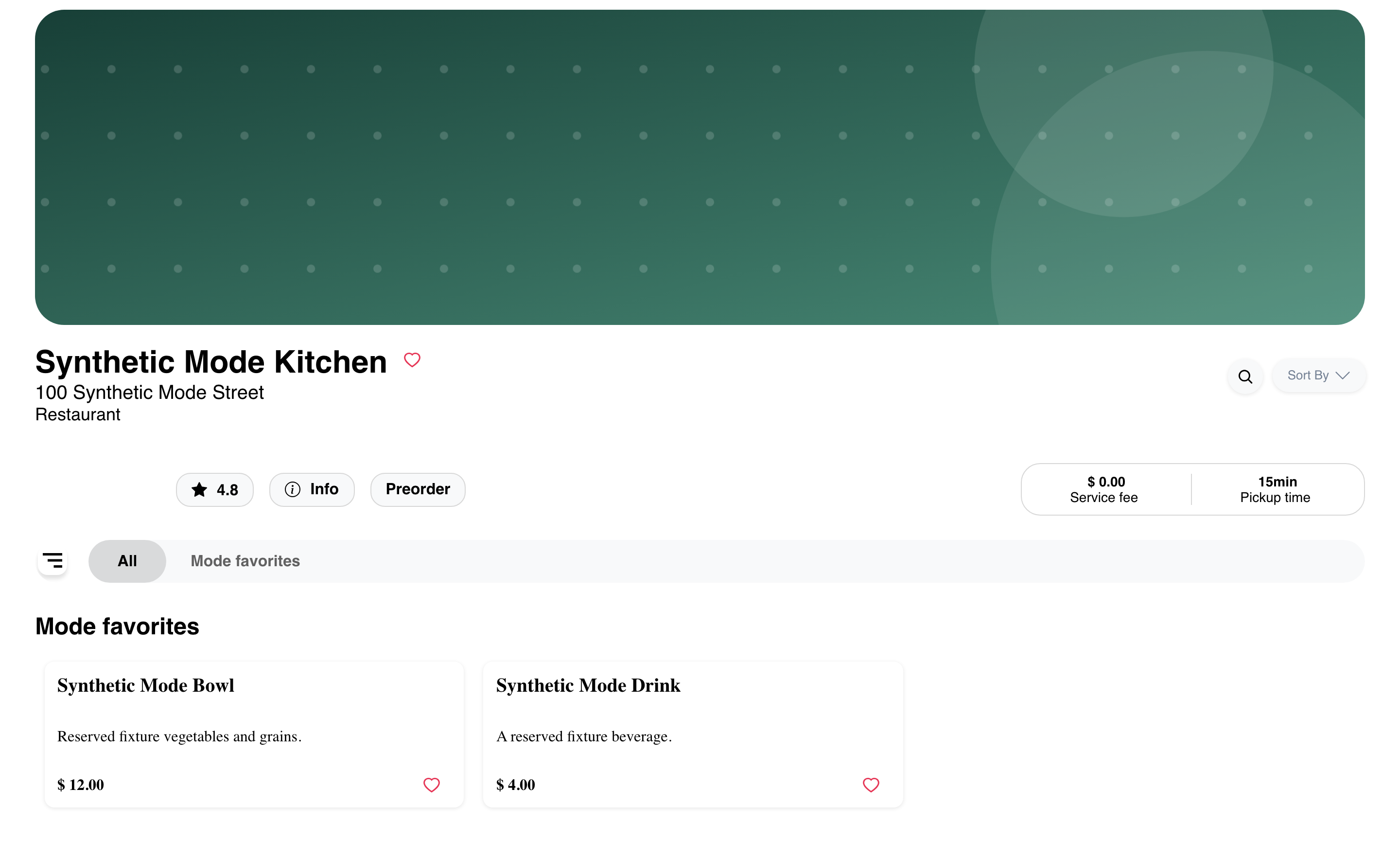 Desktop Website opened directly to a synthetic single-store menu