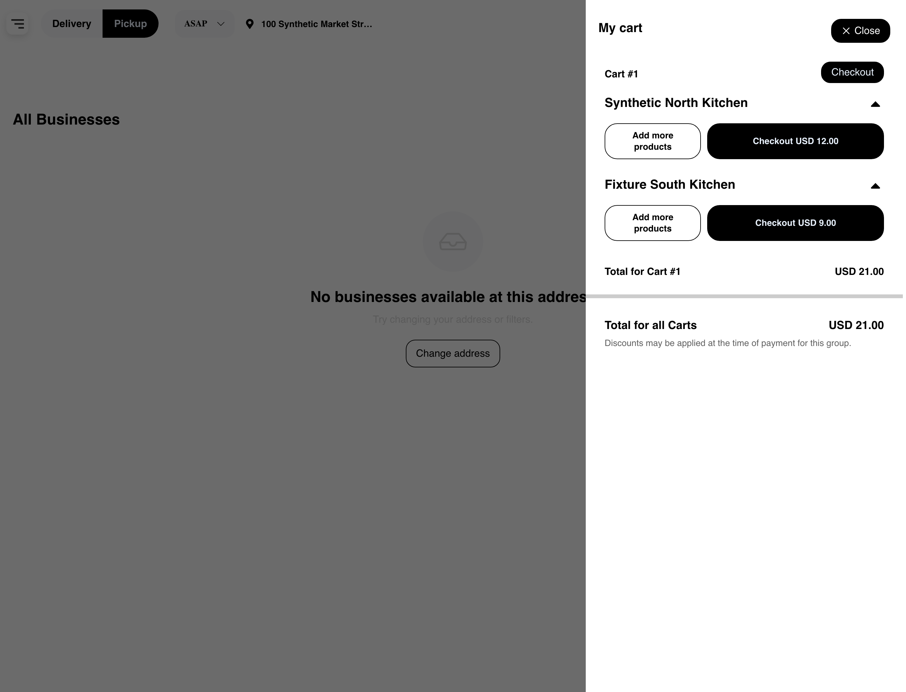 Desktop Website cart with two businesses, one grouped Checkout action, two per-business Checkout actions, and a combined total