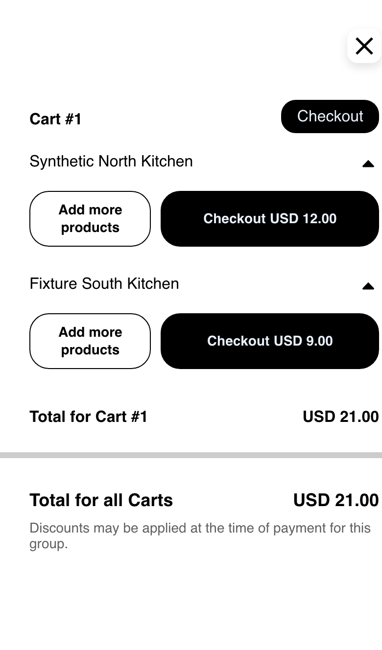 Mobile Website cart with two businesses, one grouped Checkout action, two per-business Checkout actions, and a combined total