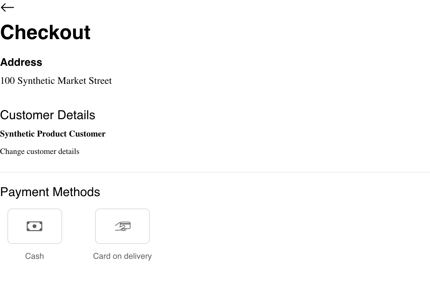 Desktop multi-business checkout showing a synthetic customer address, customer details, and Cash and Card on delivery choices