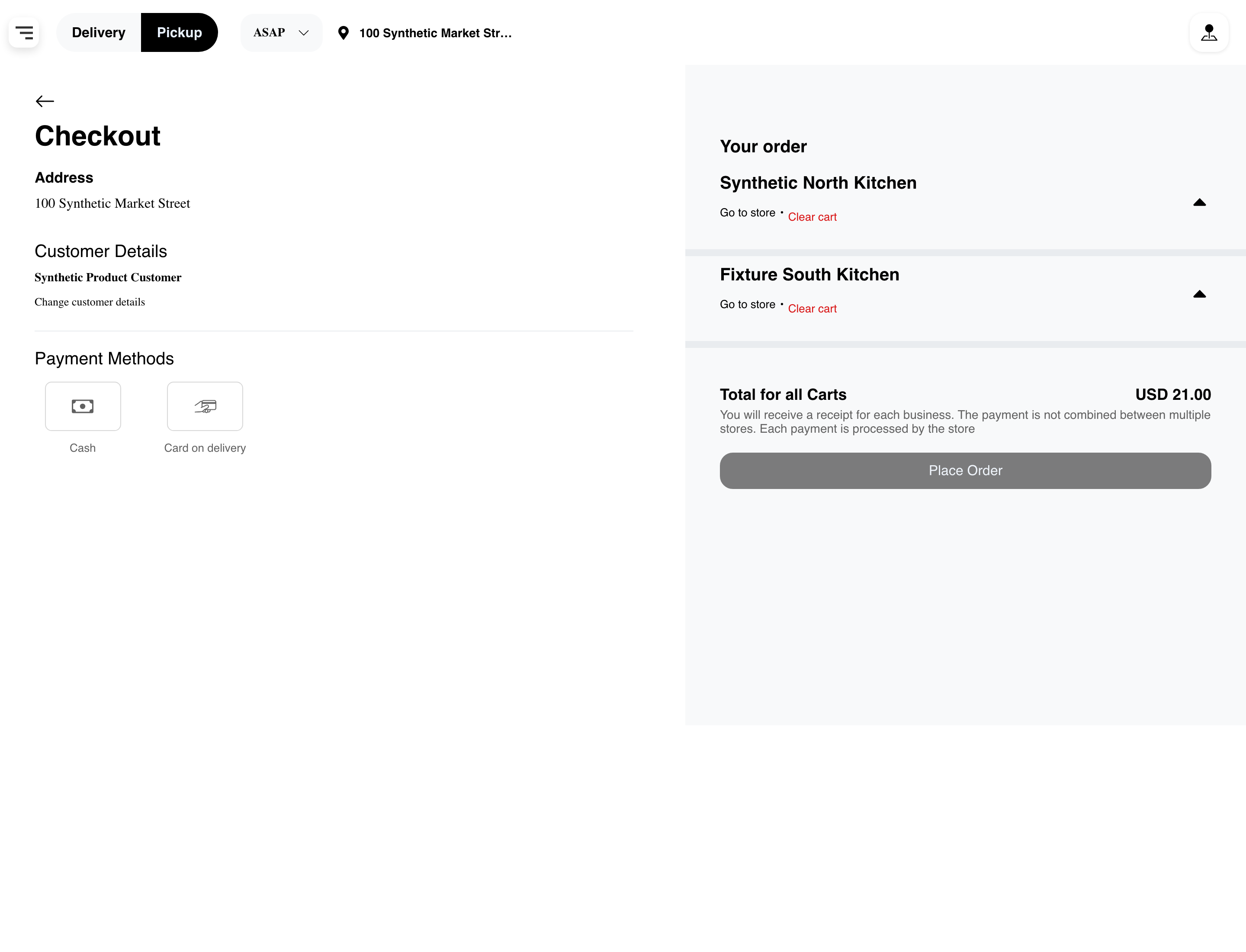 Desktop multi-business checkout with synthetic customer details, two business carts, payment choices, combined total, and disabled Place Order action