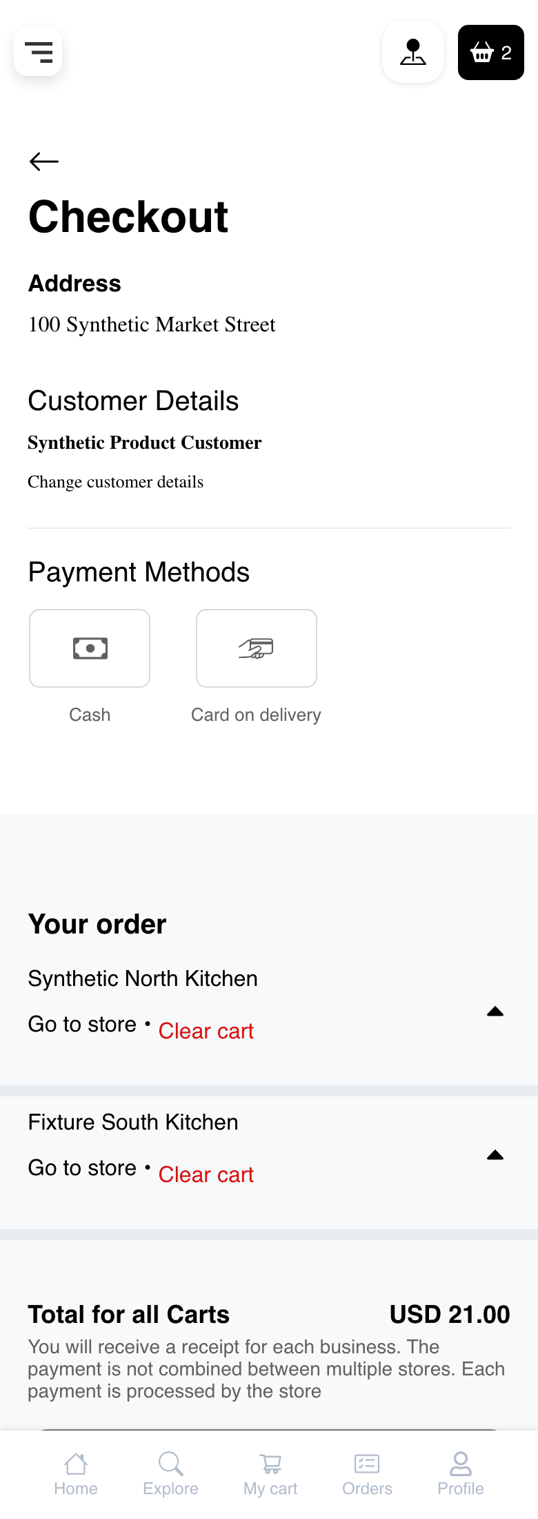 Mobile multi-business checkout with synthetic details, two inert payment choices, two business cart headers, and the combined total