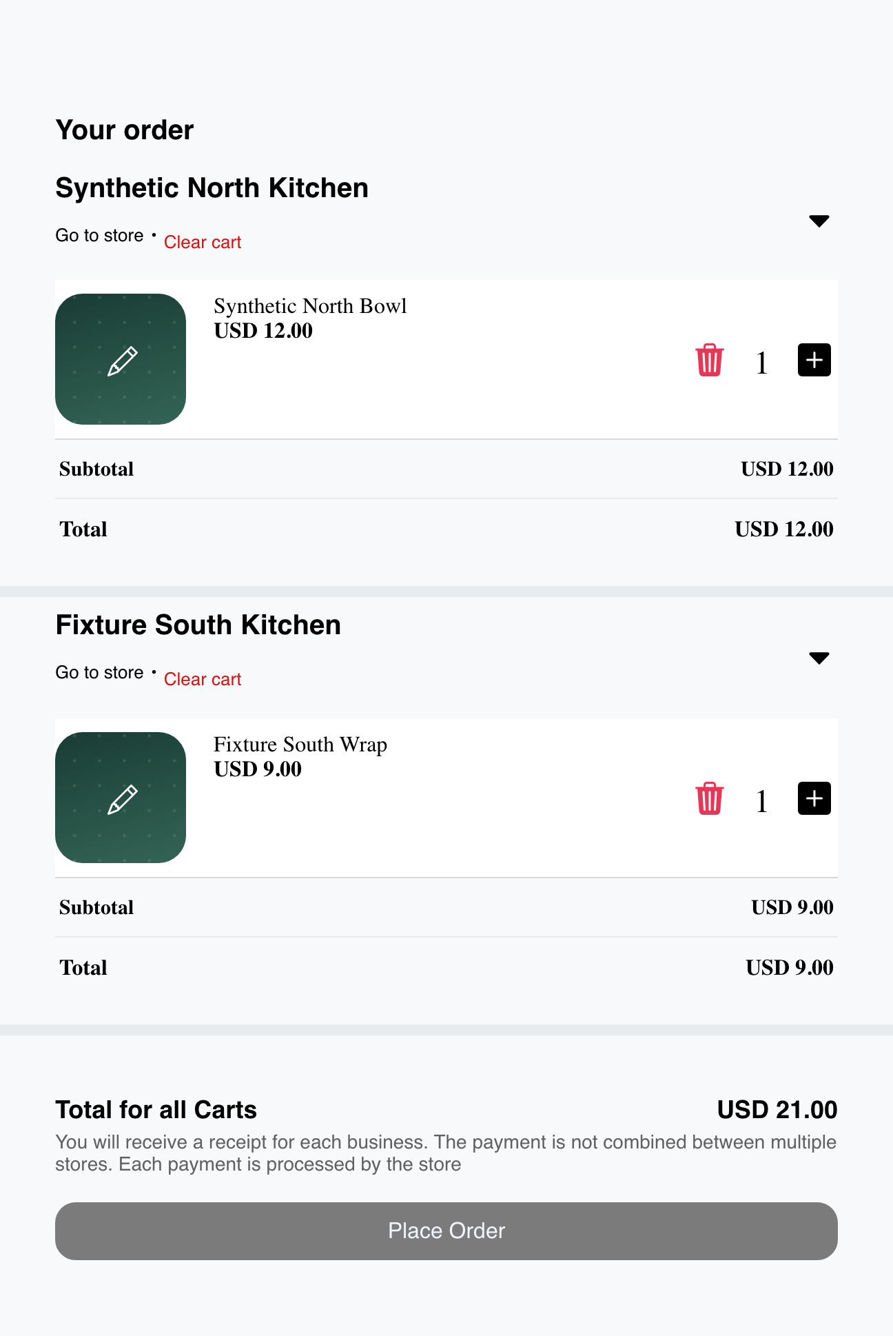 Desktop multi-business checkout showing expanded synthetic order summaries for two businesses, combined total, and disabled Place Order action