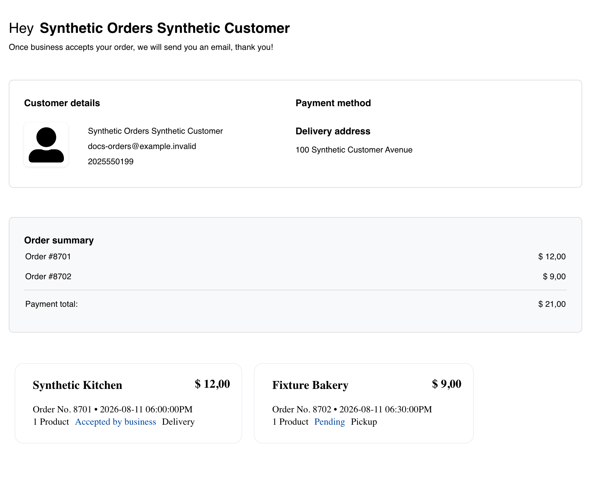 Desktop Website multi-business order summary showing two synthetic business orders and combined totals