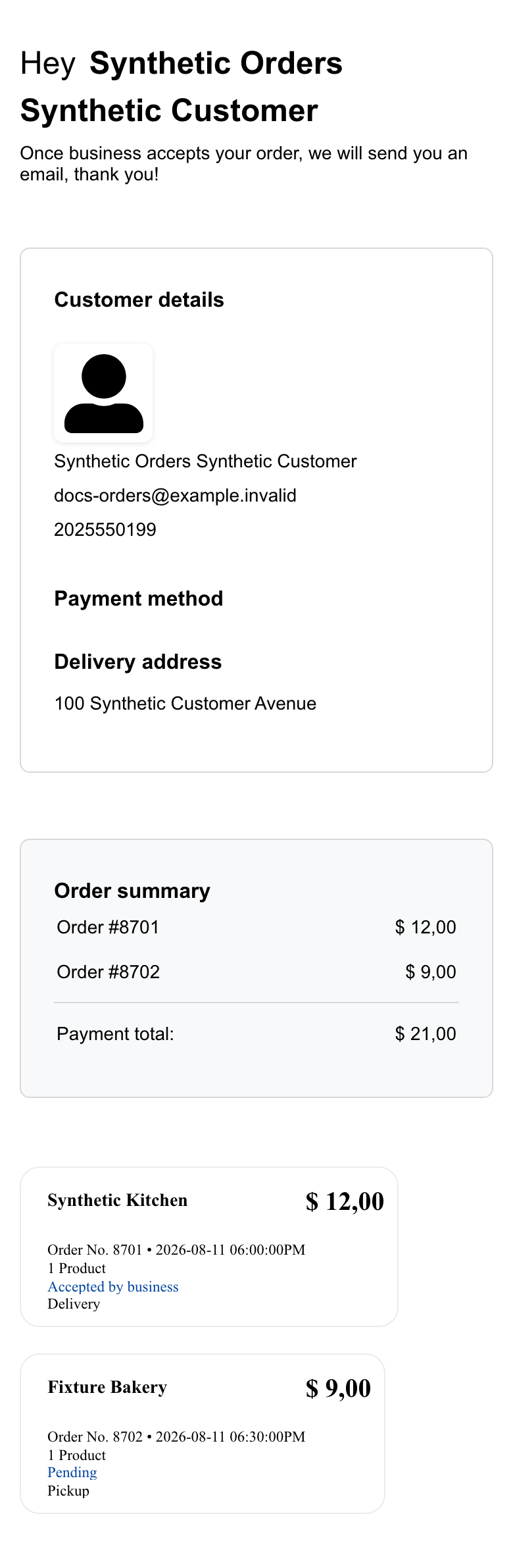 Mobile Website multi-business order summary showing responsive synthetic customer, totals, and two business order cards