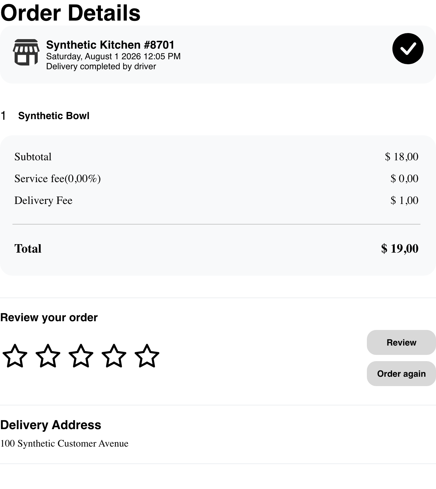 Desktop Website delivered order showing passive Review and Order again actions