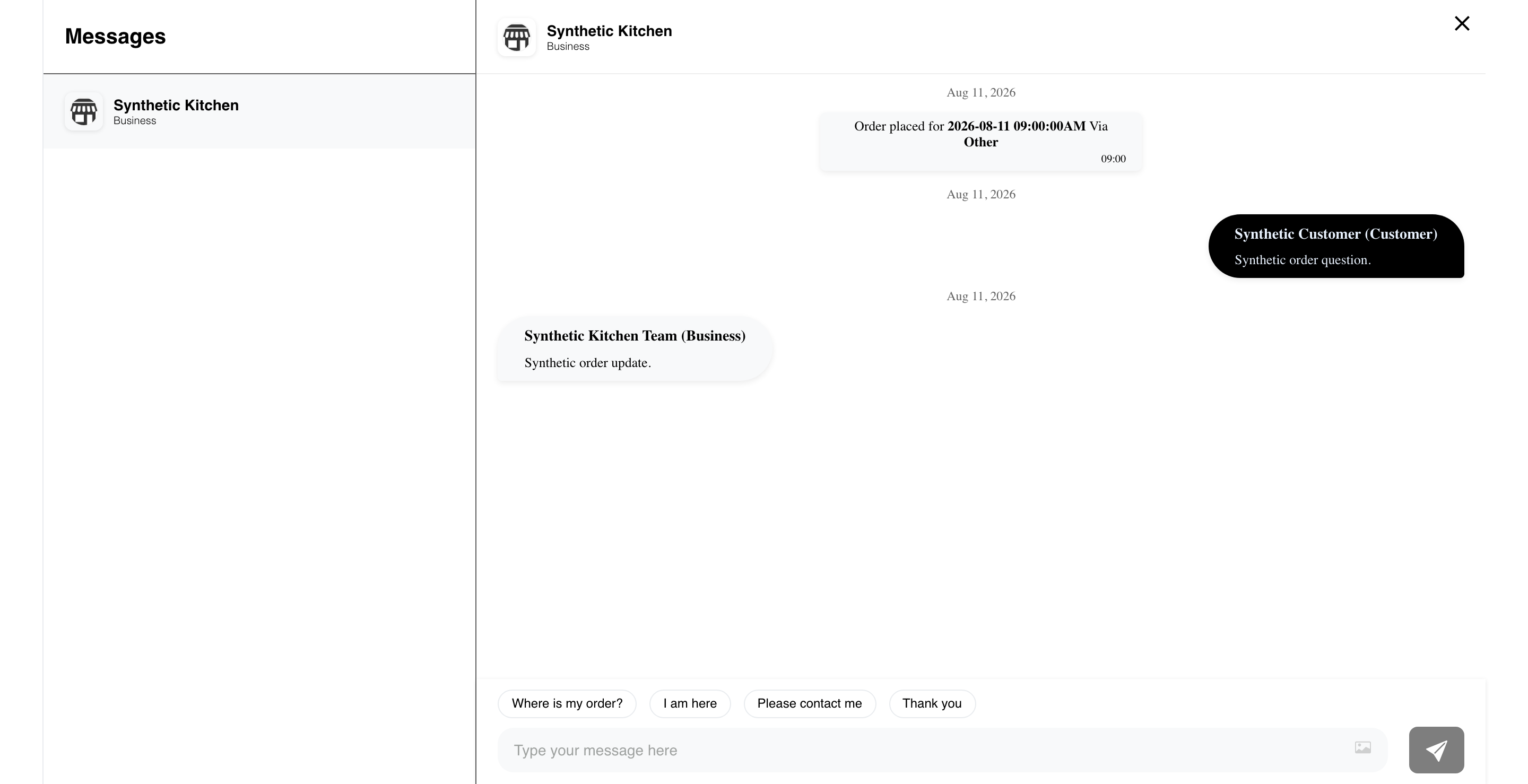 Desktop Website active order business conversation showing synthetic text history and an untouched composer