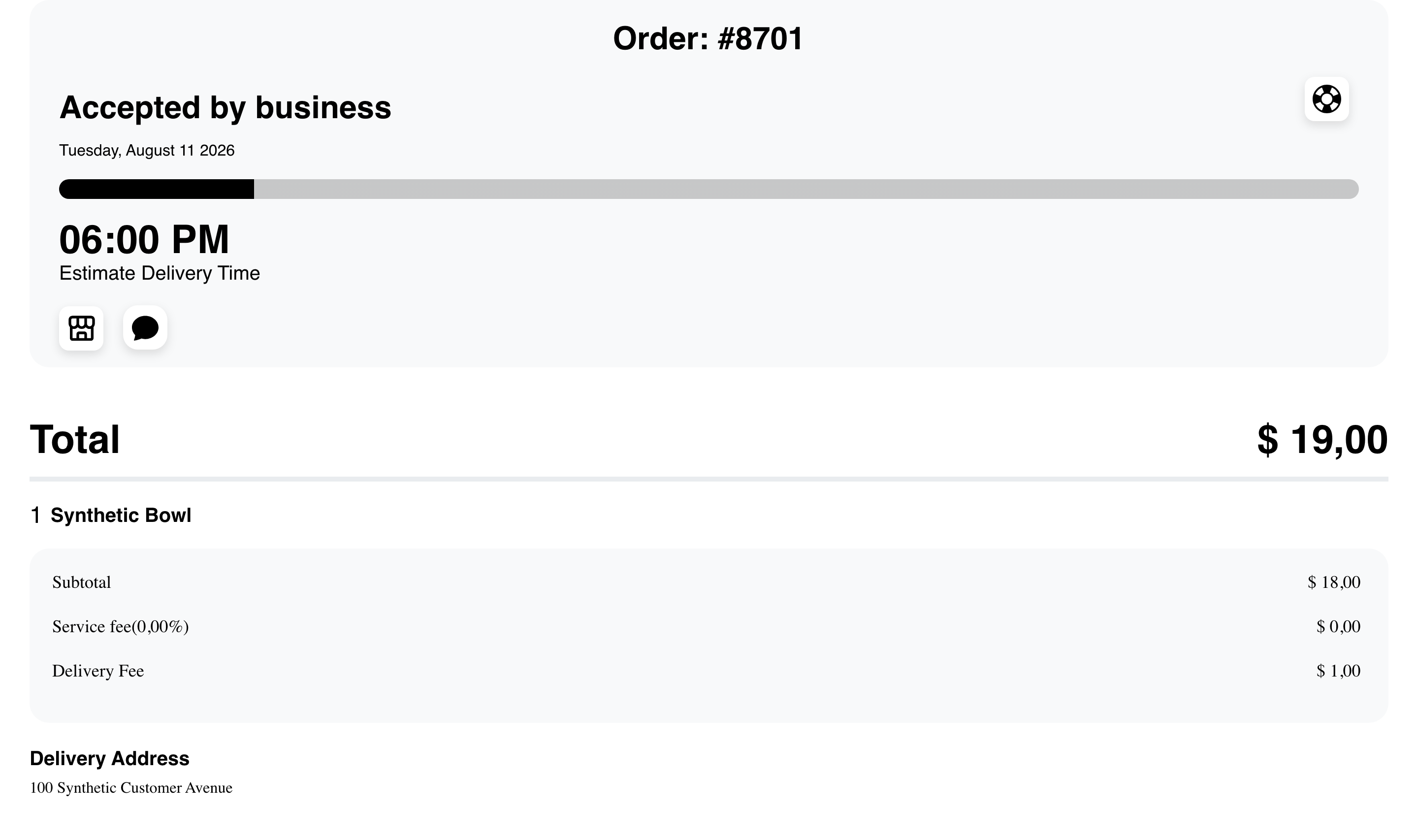 Desktop Website active order showing synthetic status, progress, item summary, totals, and delivery address