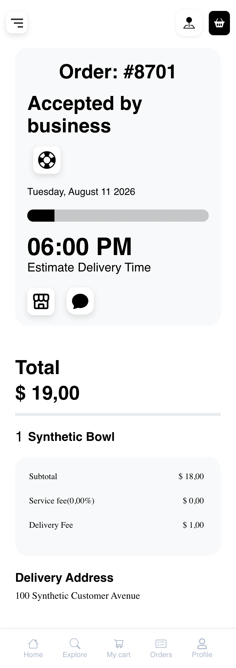 Mobile Website active order showing responsive synthetic status and order summary