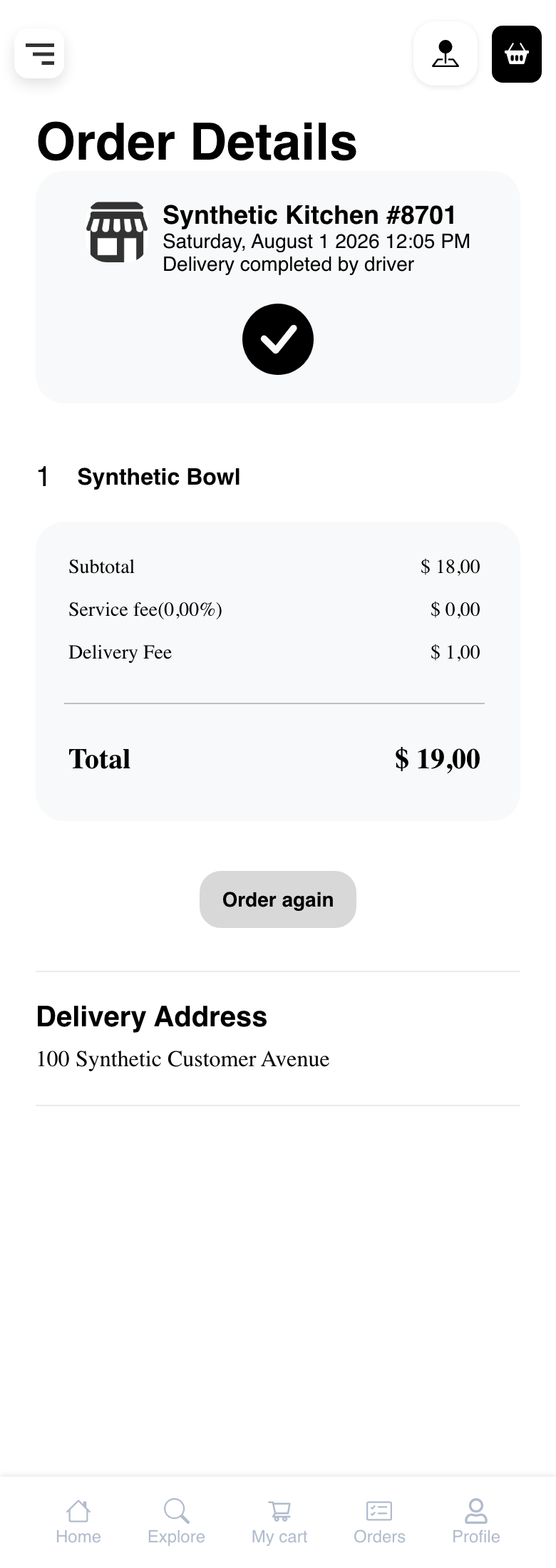 Mobile Website delivered order showing a responsive synthetic summary and passive Order again action