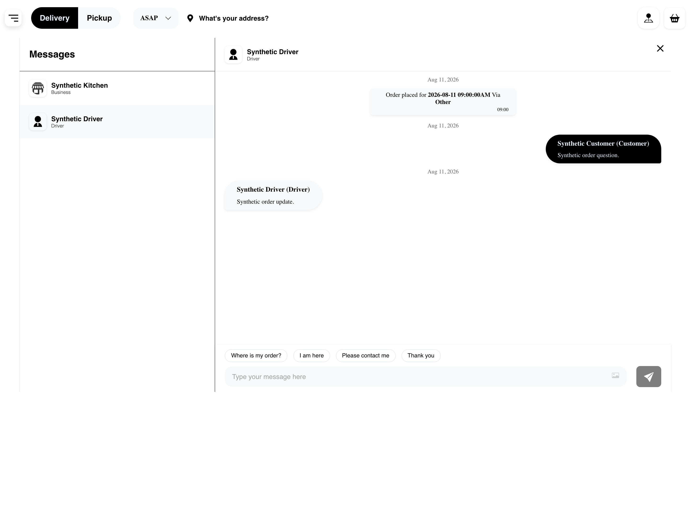 Desktop Website active order internal-driver conversation showing complete chat context, synthetic text history, and an untouched composer