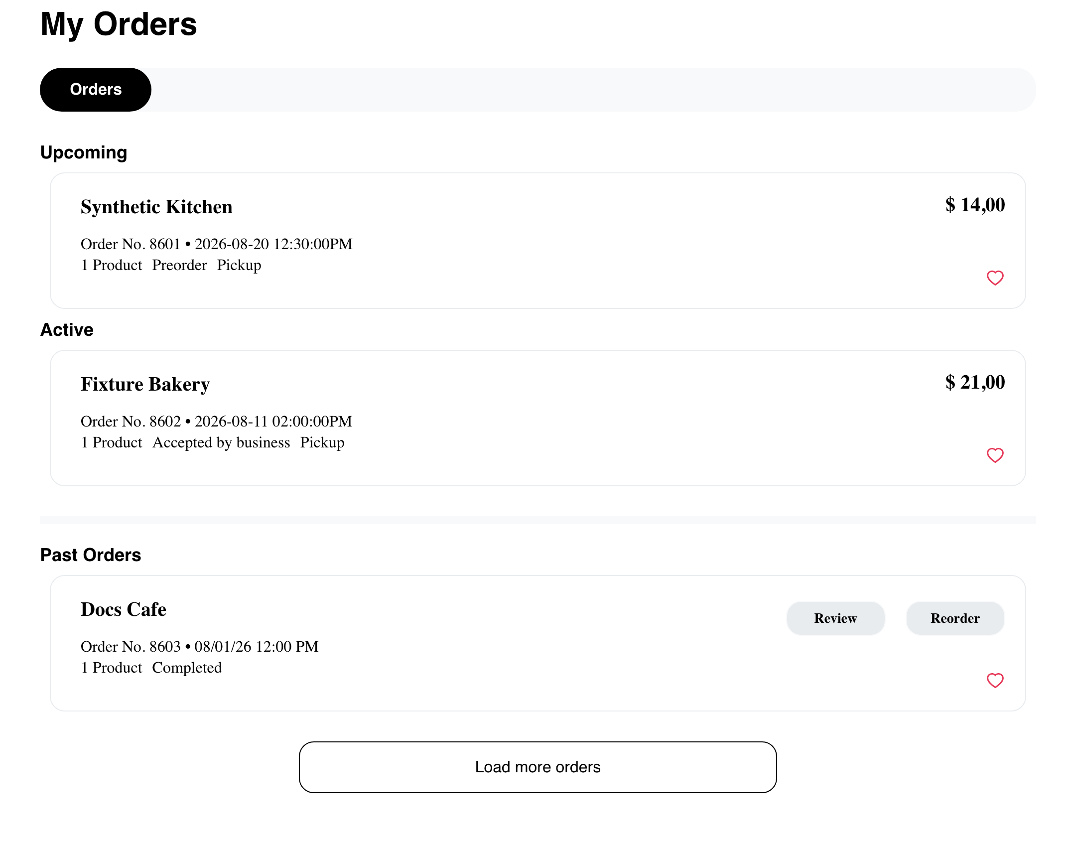 Desktop Website My Orders page showing synthetic Upcoming, Active, and Past orders