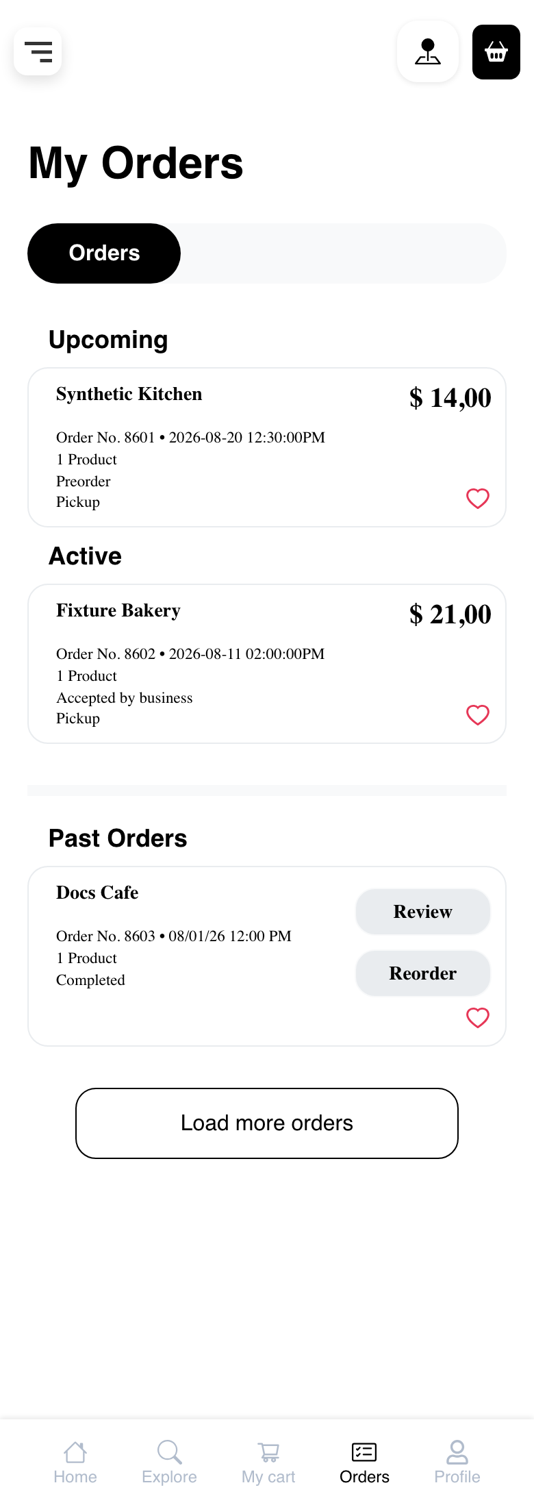 Mobile Website My Orders page showing responsive Upcoming, Active, and Past order sections