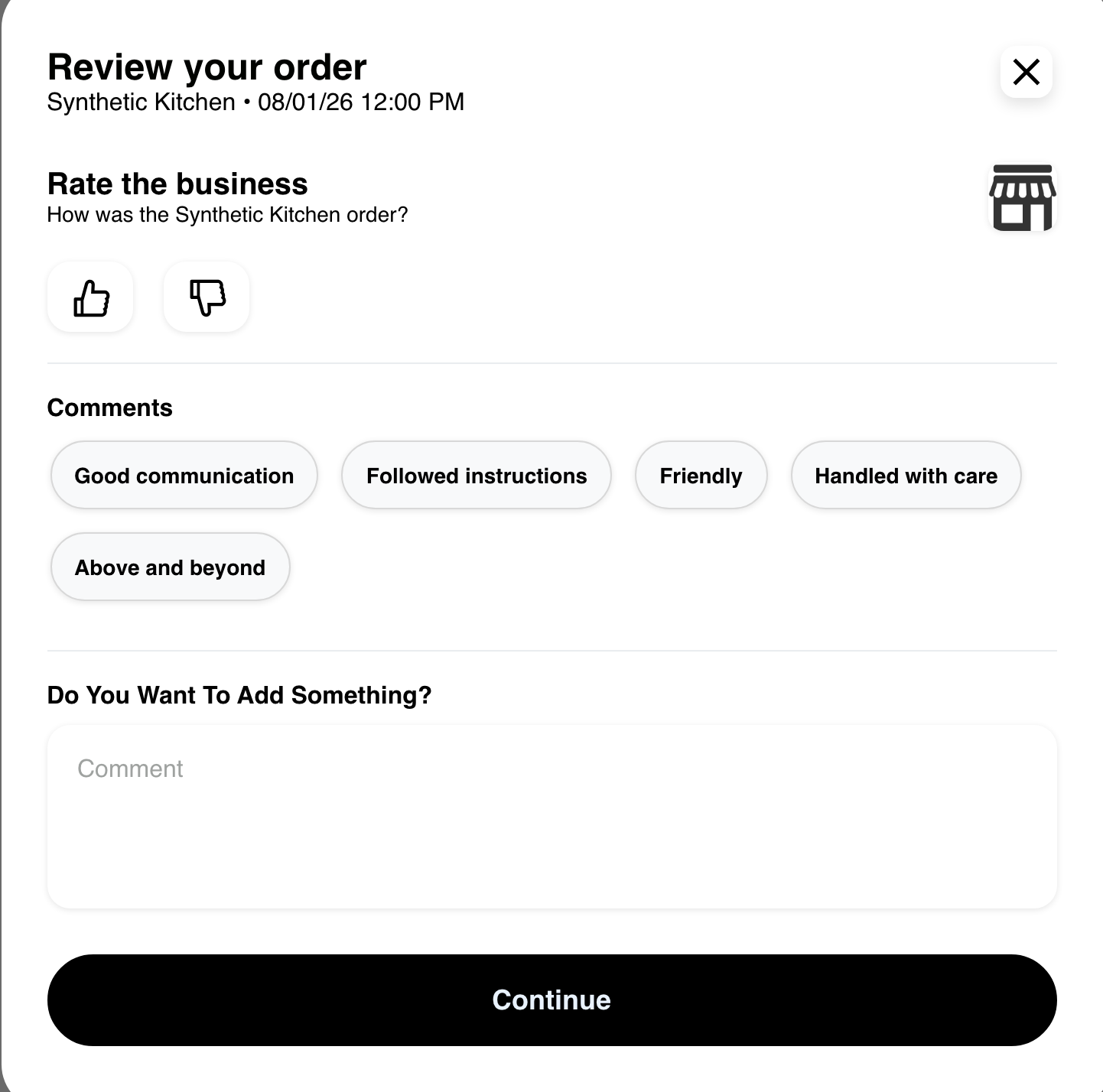 Desktop Website review dialog showing an unsubmitted synthetic business rating and comment choices