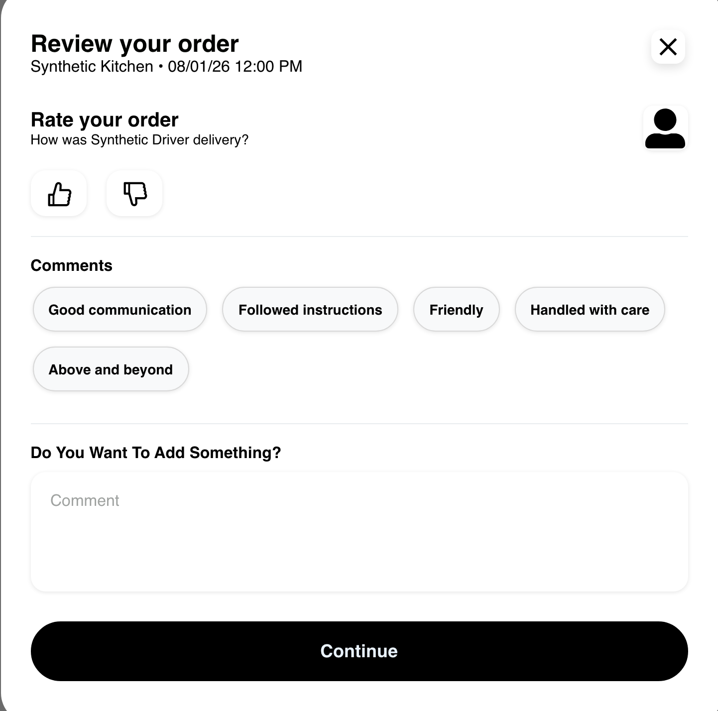 Desktop Website driver review stage showing an unsubmitted synthetic rating form